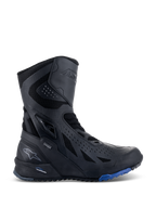 Alpinestars RT-8 GORE-TEX Boots, Motorcycle Touring Boots, Black with Blue sole accents, featuring a high-top technical design with microfiber and textile upper, triangular perforations, GORE-TEX branding, and rugged sole.
