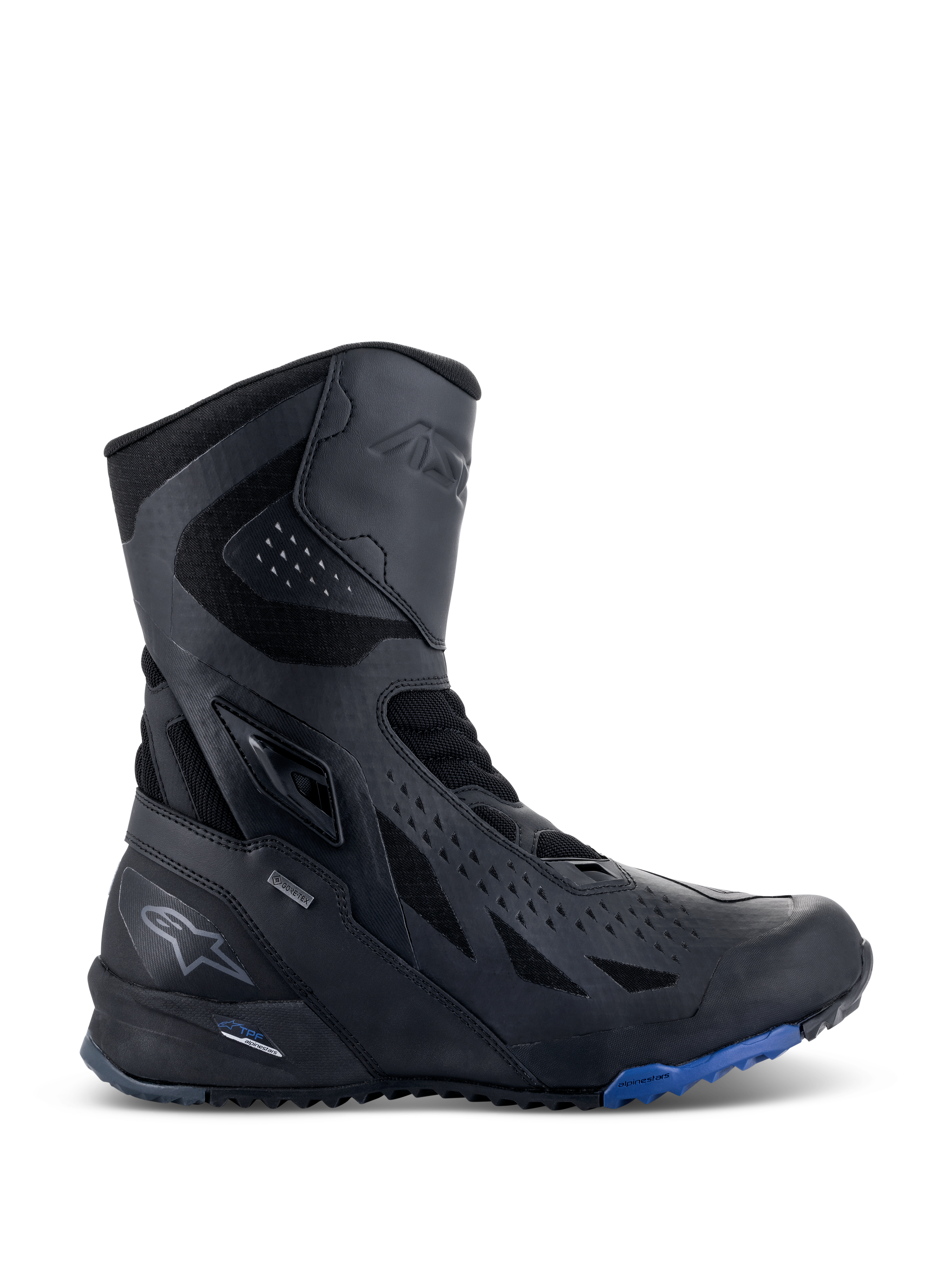 Alpinestars RT-8 GORE-TEX Boots, Motorcycle Touring Boots, Black with Blue sole accents, featuring a high-top technical design with microfiber and textile upper, triangular perforations, GORE-TEX branding, and rugged sole.