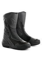 Alpinestars Air Plus V2 GORE-TEX Boots, Motorcycle Touring Boots, Black, featuring a combination of ventilated mesh and leather construction, perforated accordion panels for flexibility, embossed star logo on the shin, and a durable rubber sole designed for all-weather riding.