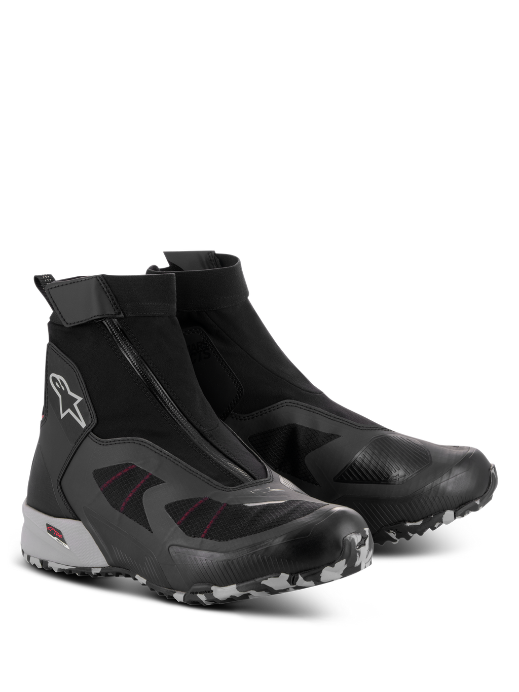 Alpinestars CR-8 GORE-TEX-skor, vattentäta motorcykelskor, svarta med mellangrå och klarröda detaljer, vinklad dragkedja, högt skuren stretchig bootie-konstruktion och hållbar grovmönstrad sula med kamouflagemönster
