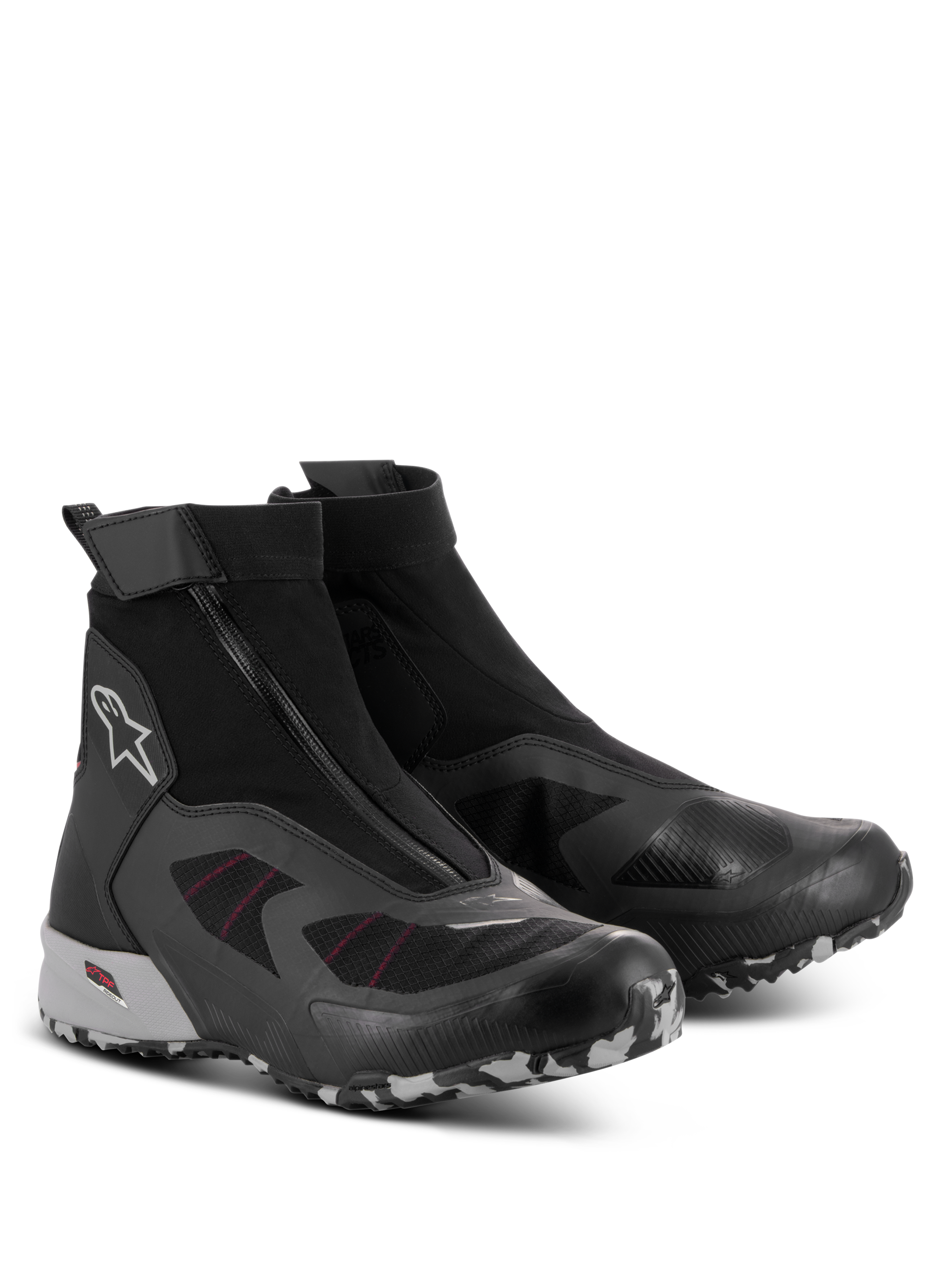 Alpinestars CR-8 GORE-TEX-skor, vattentäta motorcykelskor, svarta med mellangrå och klarröda detaljer, vinklad dragkedja, högt skuren stretchig bootie-konstruktion och hållbar grovmönstrad sula med kamouflagemönster