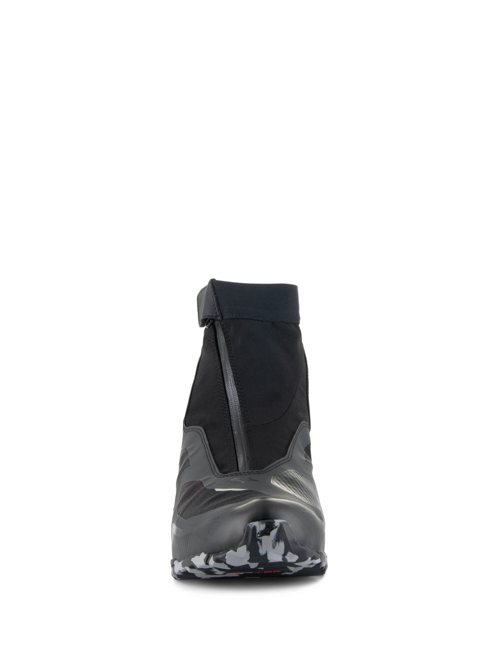 Alpinestars CR-8 GORE-TEX-skor, motorcykelskor, svarta, mellangrå och klarröda, frontvy med vinklad vattentät dragkedja och elastisk krage, kamouflagemönstrad sula, smidig vattentät touringdesign