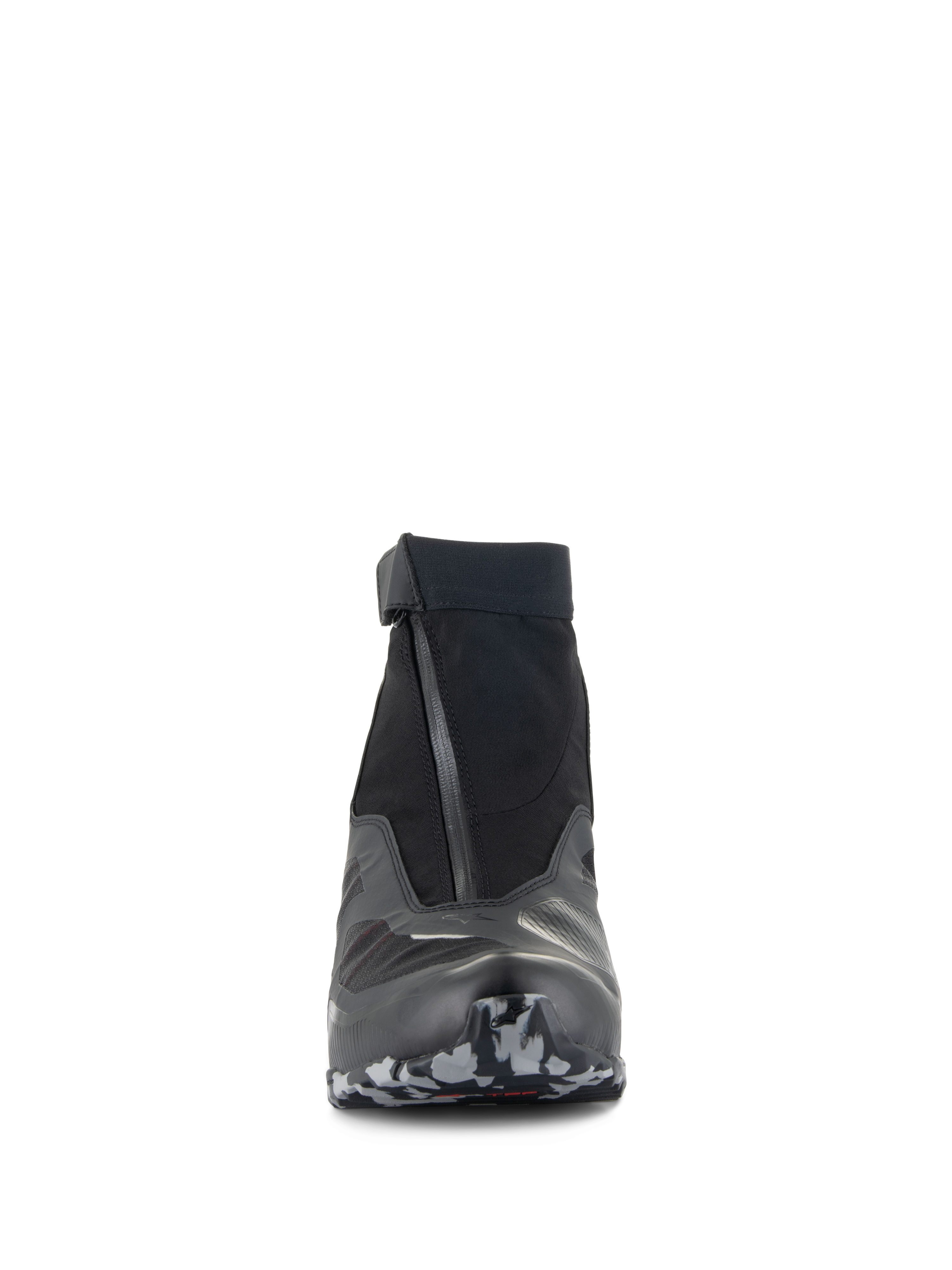 Alpinestars CR-8 GORE-TEX-skor, motorcykelskor, svarta, mellangrå och klarröda, frontvy med vinklad vattentät dragkedja och elastisk krage, kamouflagemönstrad sula, smidig vattentät touringdesign