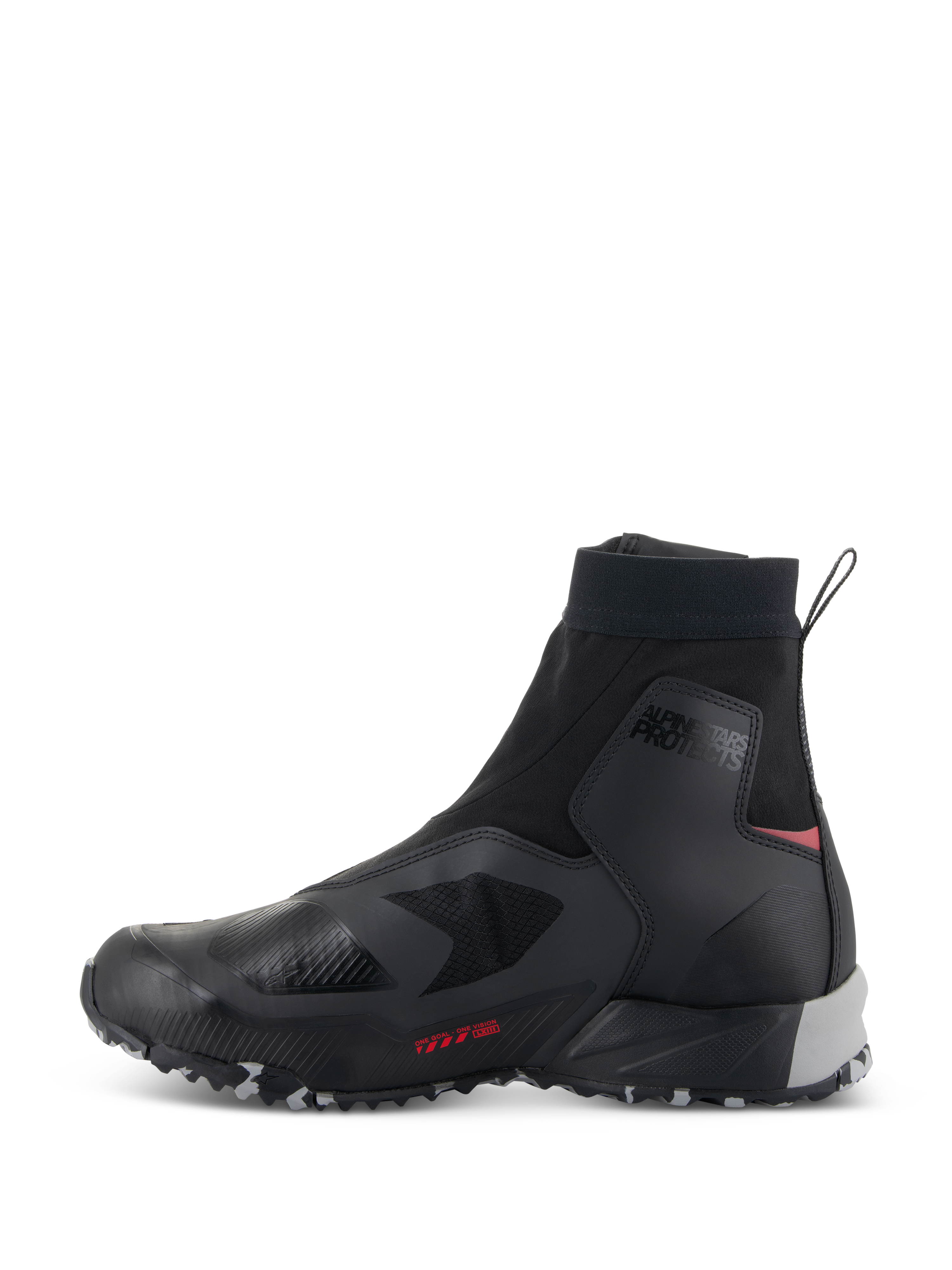 Alpinestars CR-8 GORE-TEX-skor, vattentäta motorskor, svart, mellangrå och klarröd, profilvy från sidan med en smidig svart textilöverdel, högskuren elastisk krage, 'ALPINESTARS PROTECTS'-logotyp vid ankeln, mellangrått hälstöd och klarröda detaljer.
