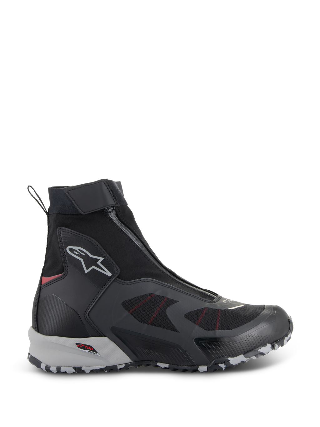 Alpinestars CR-8 GORE-TEX-skor, vattentäta motorcykelskor, svarta och mellangrå med klarröda detaljer, hög design med vinklad dragkedja fram, sömlös textilkonstruktion, robust grå och vit marmorerad sula