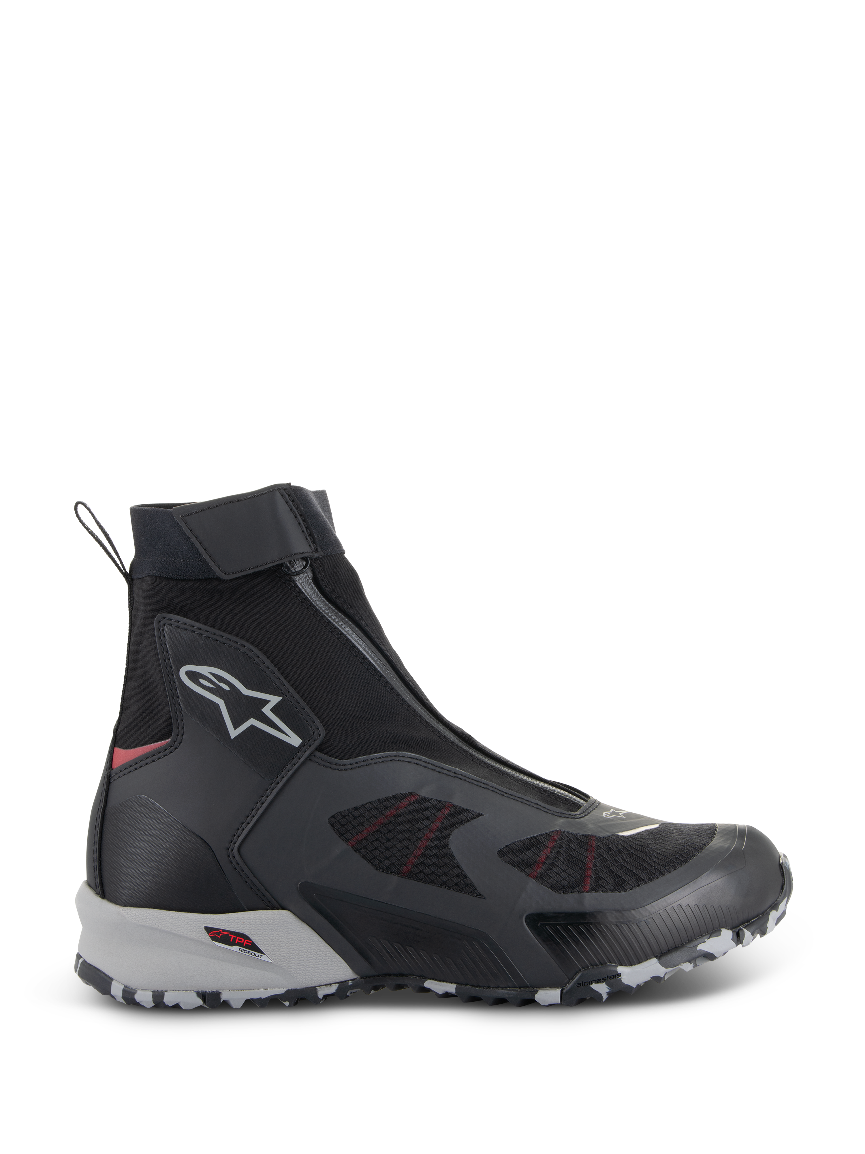 Alpinestars CR-8 GORE-TEX-skor, vattentäta motorcykelskor, svarta och mellangrå med klarröda detaljer, hög design med vinklad dragkedja fram, sömlös textilkonstruktion, robust grå och vit marmorerad sula