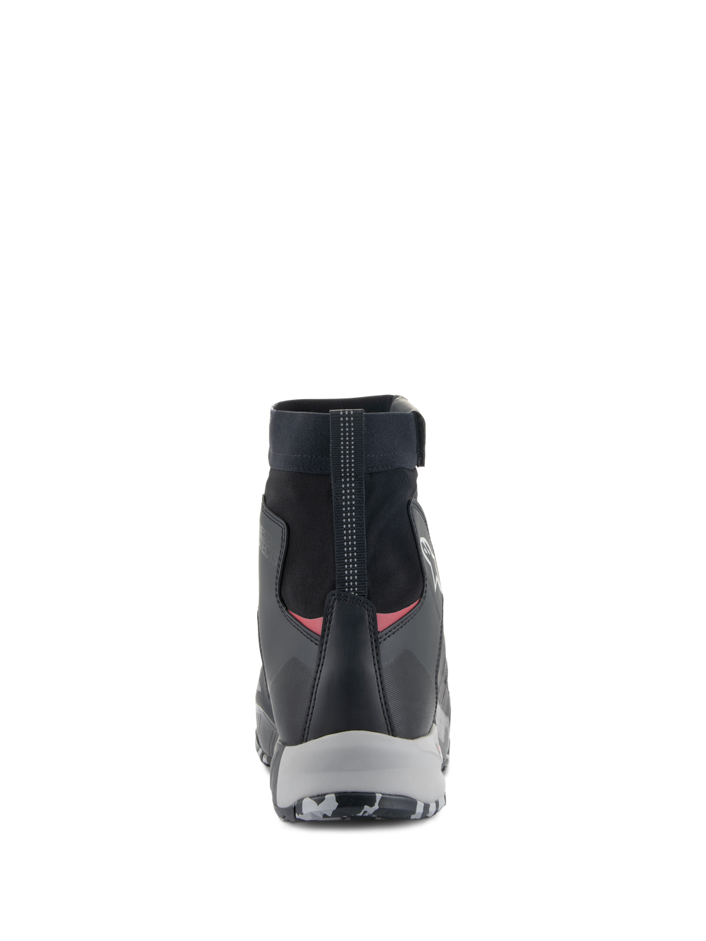 Alpinestars CR-8 GORE-TEX-skor, vattentäta motorskor, svarta, mellangrå och klarröda, vy bakifrån som framhäver högskuren elastisk krage, förstärkt hälkappa och grå mellansula.