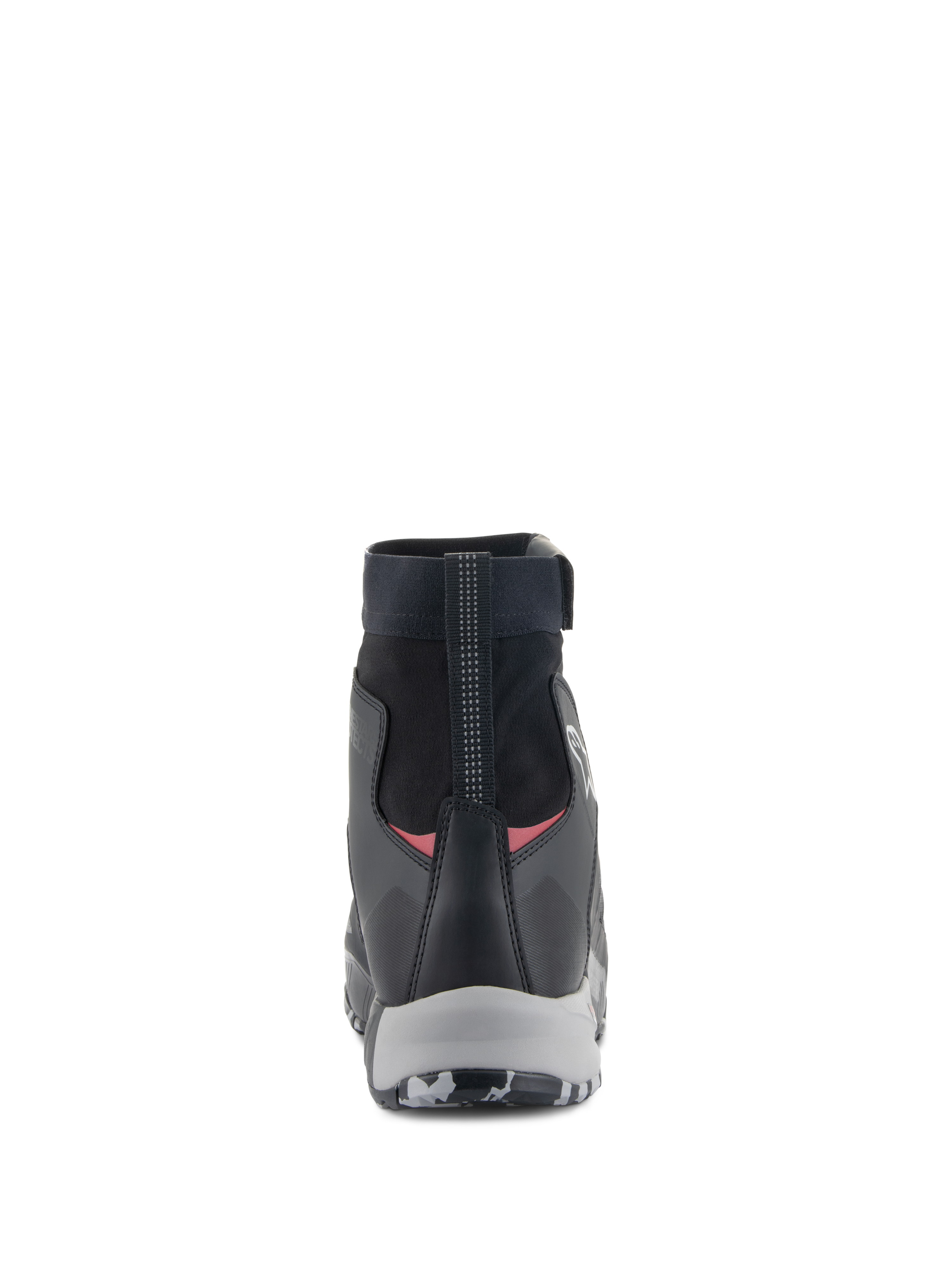 Alpinestars CR-8 GORE-TEX-skor, vattentäta motorskor, svarta, mellangrå och klarröda, vy bakifrån som framhäver högskuren elastisk krage, förstärkt hälkappa och grå mellansula.