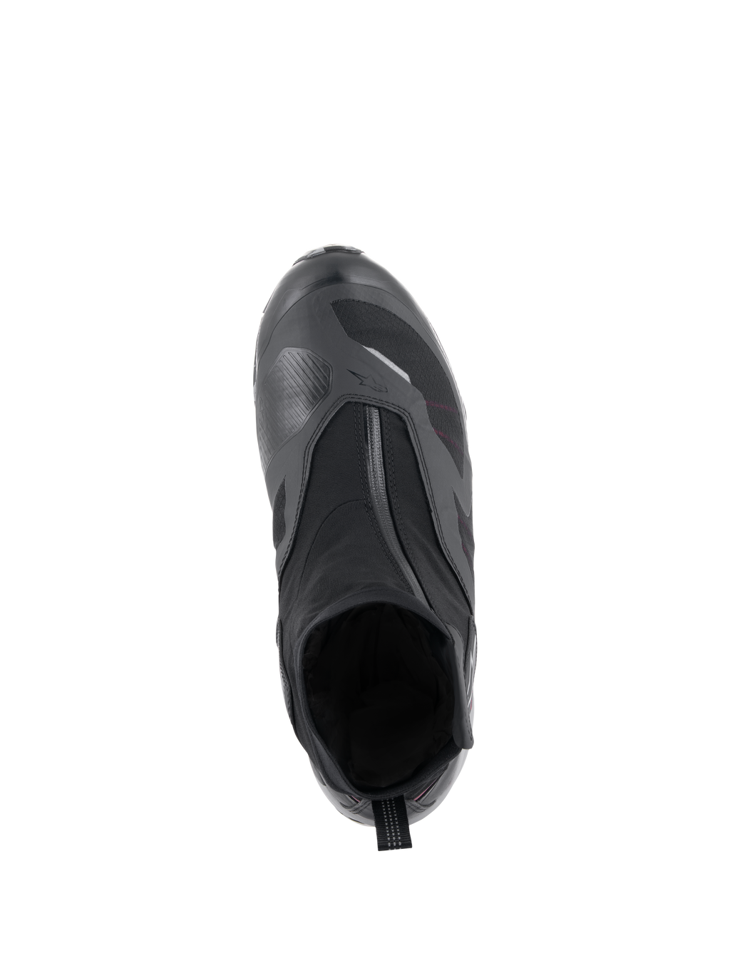 Alpinestars CR-8 GORE-TEX-sko i svart, mellangrå och klarröd, vy uppifrån som visar den vinklade vattentäta dragkedjan, innerstövelkonstruktion och texturerad växelplatta för motorcykel-touring i alla väder.