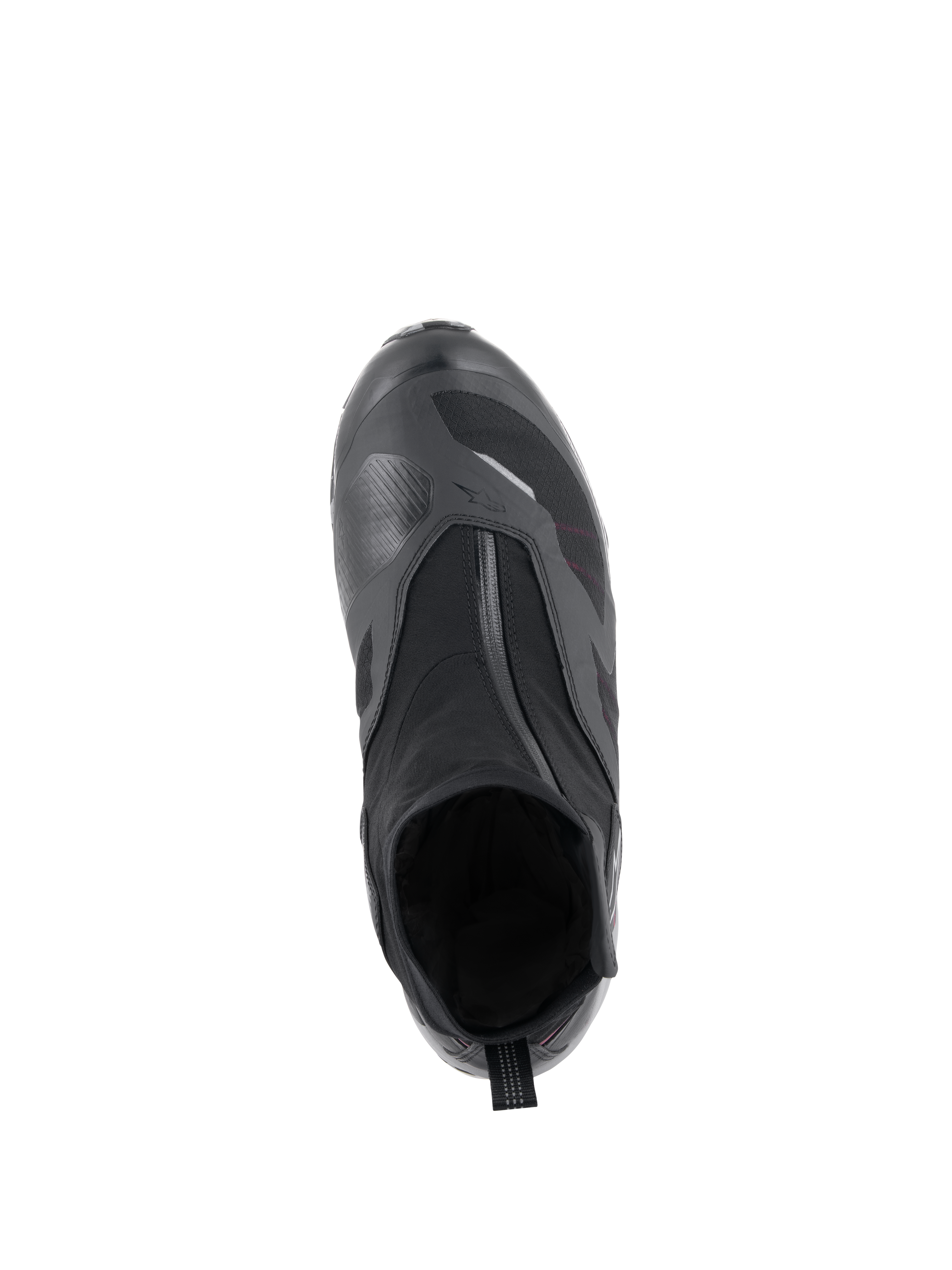 Alpinestars CR-8 GORE-TEX-sko i svart, mellangrå och klarröd, vy uppifrån som visar den vinklade vattentäta dragkedjan, innerstövelkonstruktion och texturerad växelplatta för motorcykel-touring i alla väder.