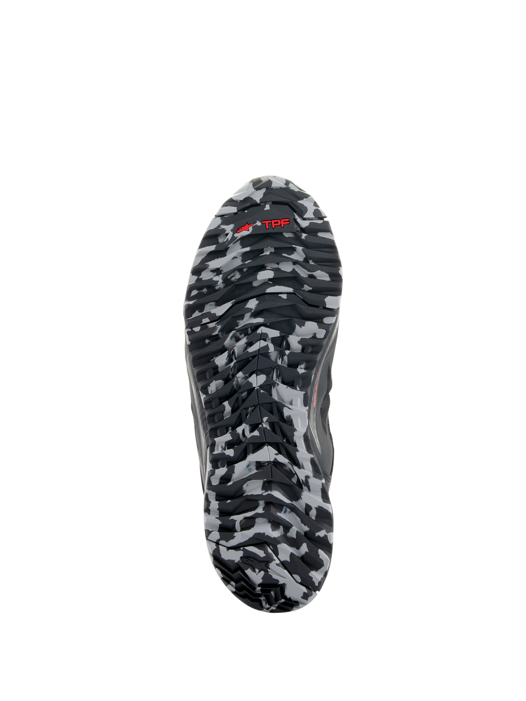 Alpinestars CR-8 GORE-TEX-skor, vy av yttersulan, svart och mellangrått kamouflagemönster, röd TPF-logotyp på mönstrad gummisula, detalj av vattentät touring-sko