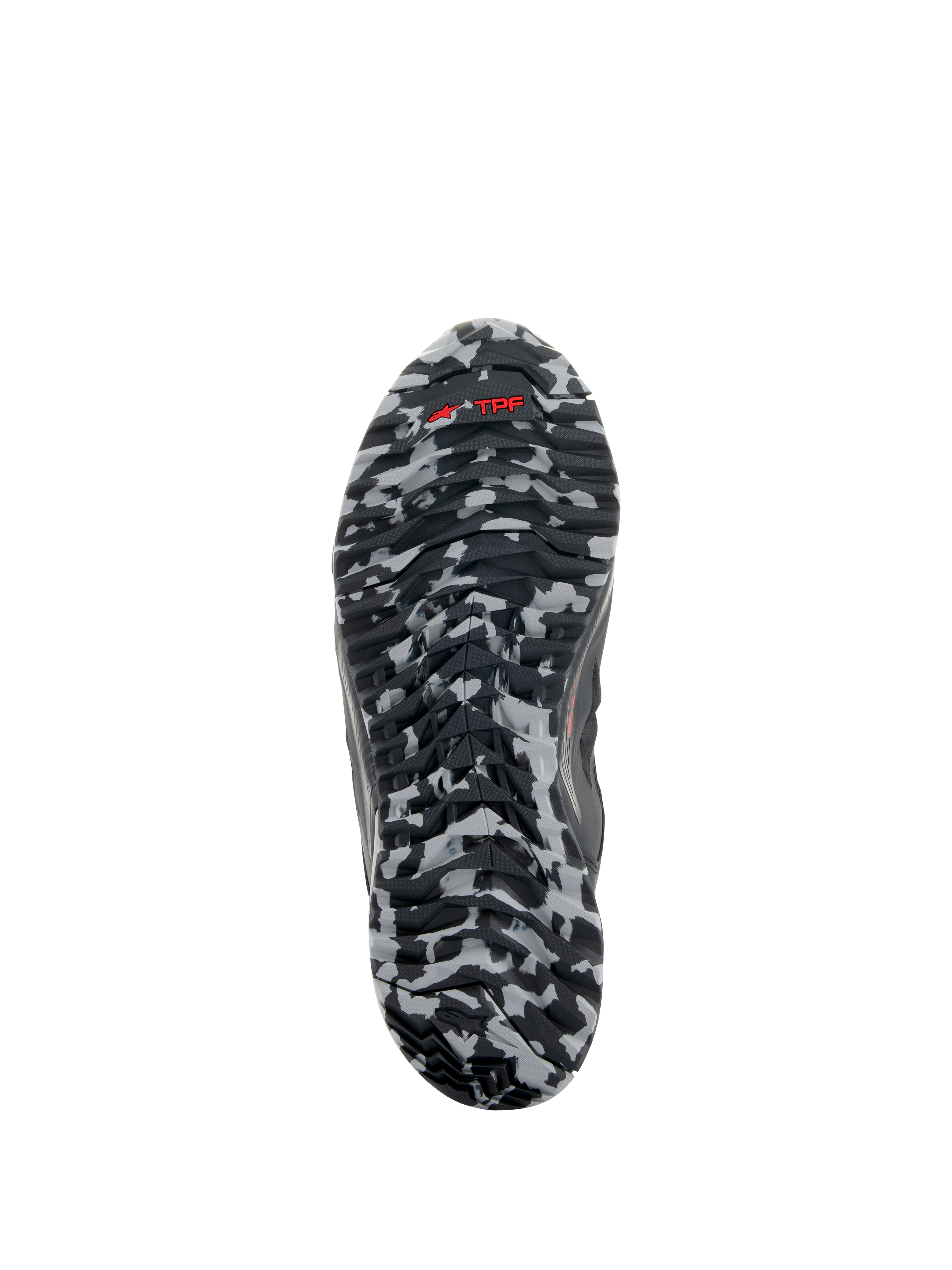 Alpinestars CR-8 GORE-TEX-skor, vy av yttersulan, svart och mellangrått kamouflagemönster, röd TPF-logotyp på mönstrad gummisula, detalj av vattentät touring-sko