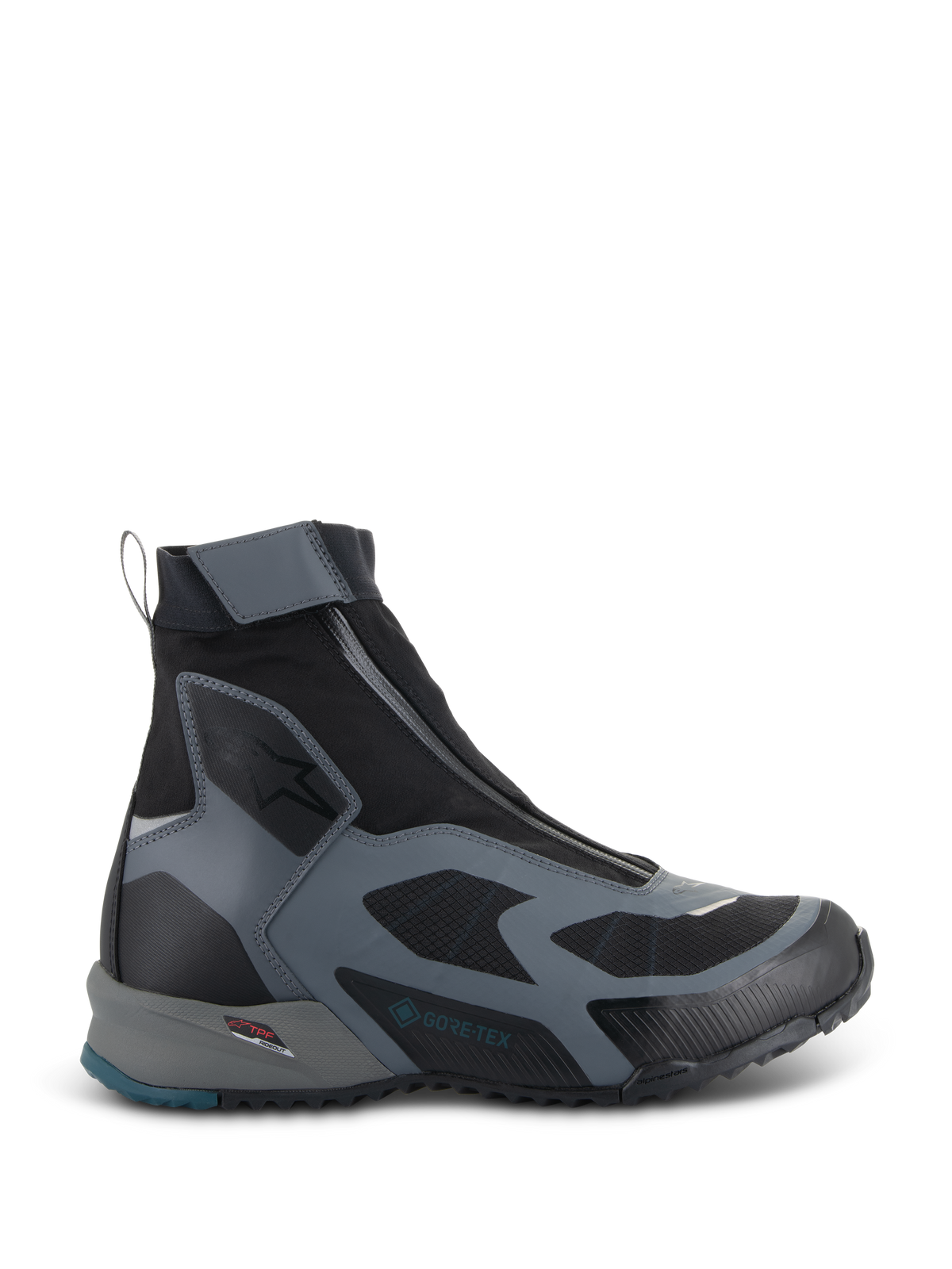 Alpinestars CR-8 GORE-TEX-skor, svarta och mörkgrå motorcykelstövlar, vattentät hög design med vinklad dragkedja, ventilerande textilpaneler, TPF-skyddsram, robust sula med petrolblå detalj på hälen