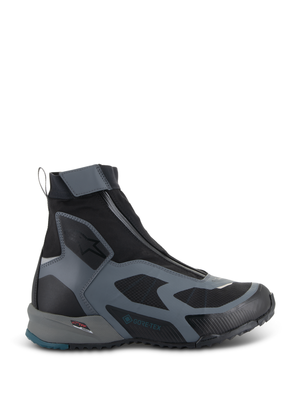 Alpinestars CR-8 GORE-TEX Shoes, Black and Dark Gray motorcycle boots, waterproof high-top design with angled zipper, breathable textile panels, TPF protection frame, rugged sole with petrol blue heel accent