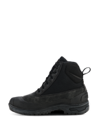 Alpinestars Woman Judy Waterproof Boots, Black motorcycle riding boots, combat-inspired high-top design with side profile view, featuring laces and rear pull loop, elevated rubber sole, durable leather and textile construction for urban riding