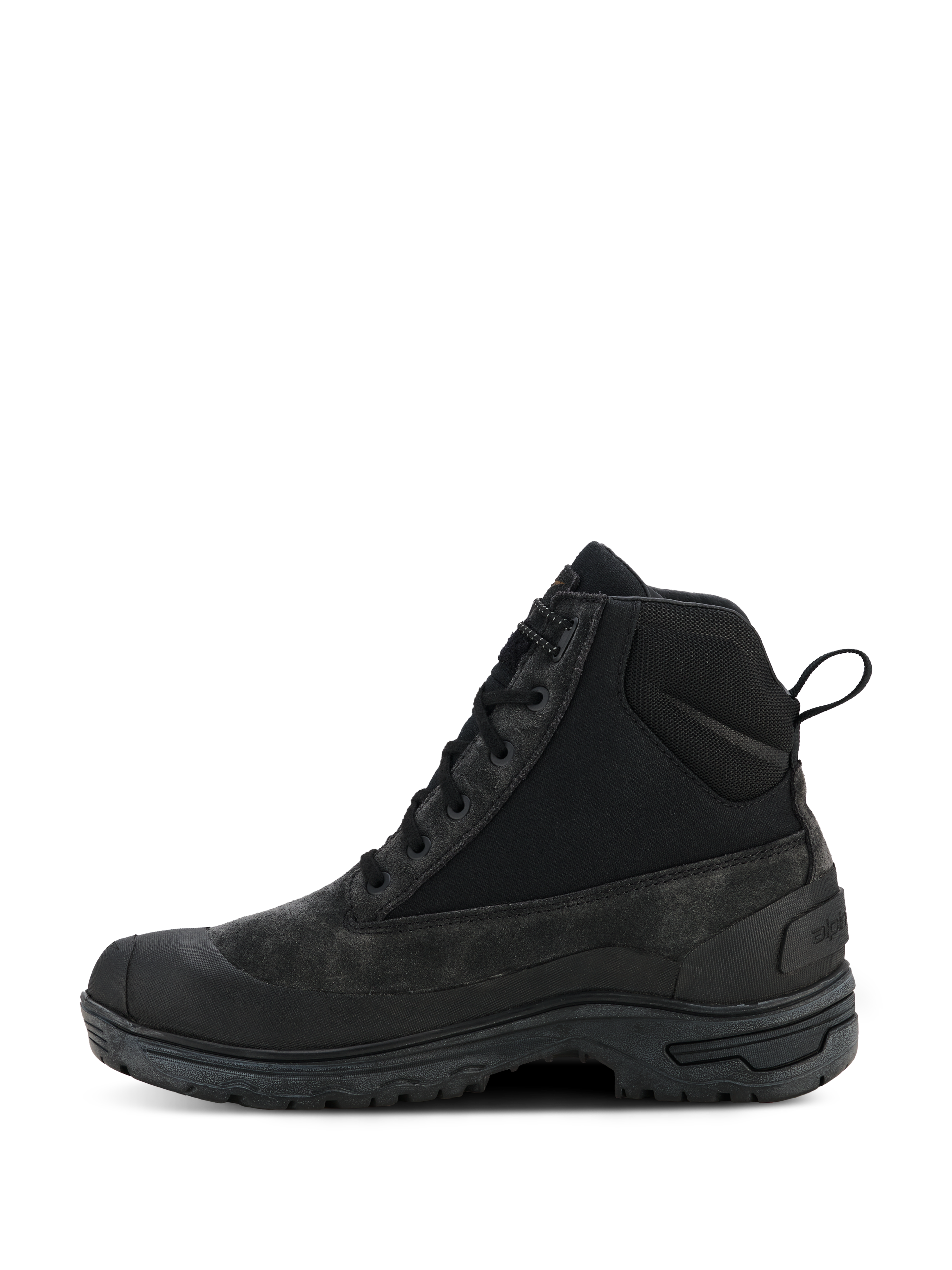 Alpinestars Woman Judy Waterproof Boots, Black motorcycle riding boots, combat-inspired high-top design with side profile view, featuring laces and rear pull loop, elevated rubber sole, durable leather and textile construction for urban riding