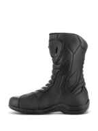 Alpinestars Radon Drystar® Boots, Motorcycle Touring Boots, Black, side profile view featuring TPU shin plate and shift pad, accordion flex zones, durable microfiber construction for adventure riding