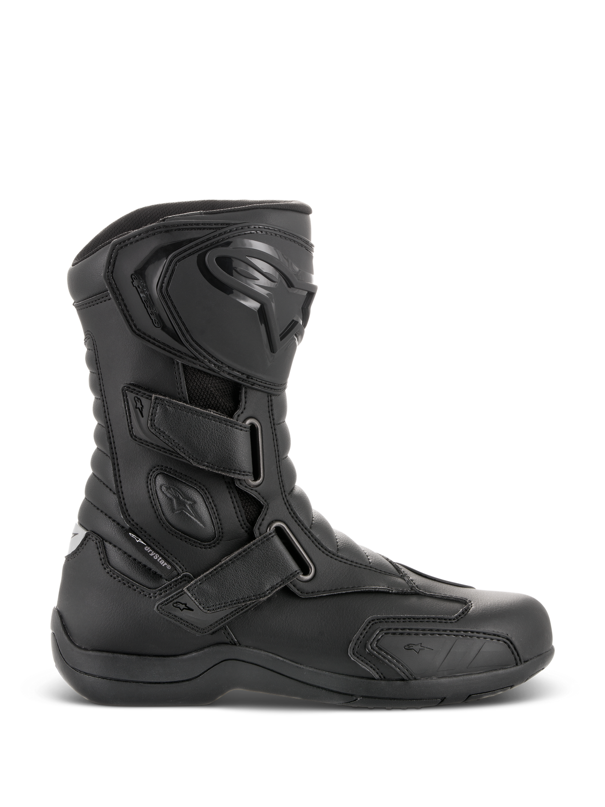 Alpinestars Radon Drystar® Boots, Black Waterproof Motorcycle Touring Boots, side profile view featuring three adjustable hook-and-loop straps, protective TPU shin plate with Alpinestars logo, reinforced ankle protection, and durable vulcanized sole.