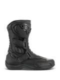 Alpinestars Radon Drystar® Boots, Black Waterproof Motorcycle Touring Boots, side profile view featuring three adjustable hook-and-loop straps, protective TPU shin plate with Alpinestars logo, reinforced ankle protection, and durable vulcanized sole.