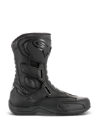 Alpinestars Radon Drystar® Boots, Black Waterproof Motorcycle Touring Boots, side profile view featuring three adjustable hook-and-loop straps, protective TPU shin plate with Alpinestars logo, reinforced ankle protection, and durable vulcanized sole.