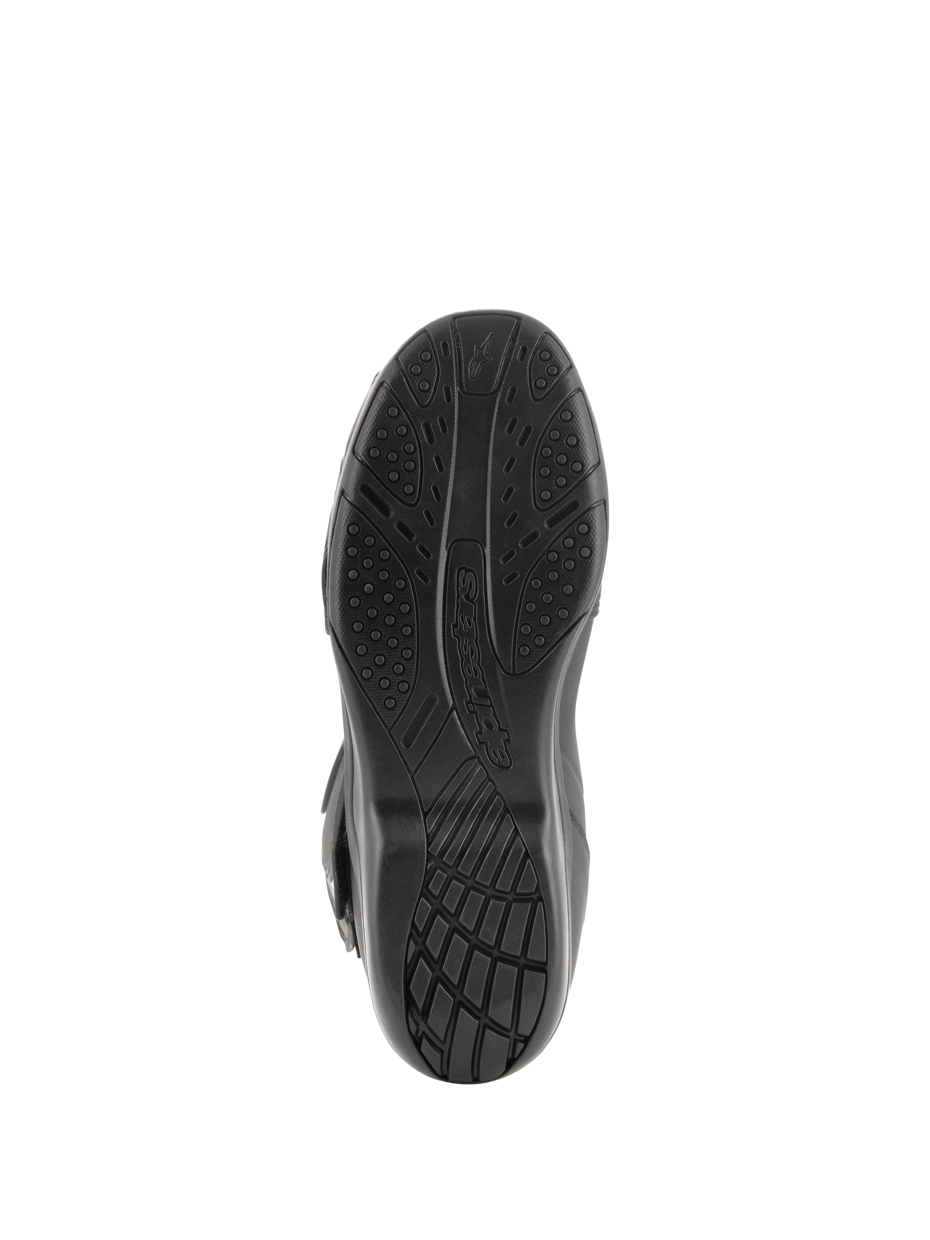 Alpinestars Radon Drystar® Boots, Motorcycle Touring Boots, Bottom View of Black Vulcanized Compound Sole featuring textured grip patterns and Alpinestars branding.