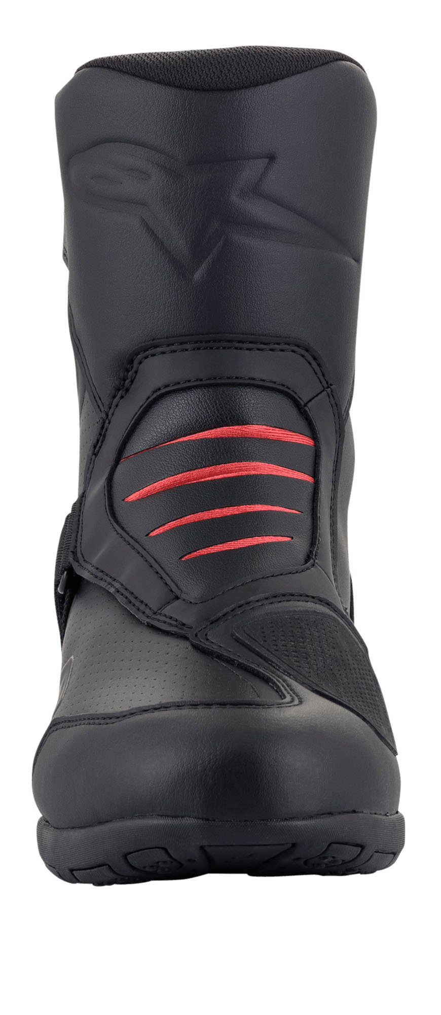 Alpinestars Ridge V2 Waterproof Boot, Black motorcycle touring boot, front view featuring red accordion flex panels on the instep, embossed logo on the shin, and durable microfiber construction for adventure and road riding.