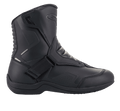 Alpinestars Ridge V2 Waterproof Boot, Side View of Black Tech Touring Motorcycle Boot, Durable Microfiber Construction with Perforated Panels, Wide Velcro Strap Closure, Accordion Flex Zones at the Ankle, Sleek Waterproof Design for All-Weather Road Riding