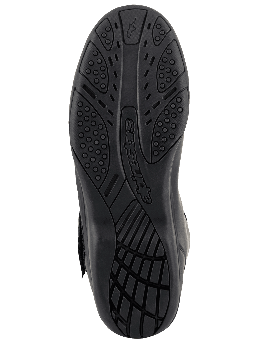 Alpinestars Ridge V2 Waterproof Boot, Black, bottom view showing the durable rubber sole with textured grip patterns and embossed Alpinestars logo, designed for all-weather traction.