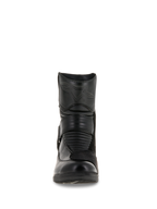 Alpinestars Women Stella Valencia Waterproof Boots, front view, solid black leather construction, featuring front accordion flex zones and embossed star logo on the shin, low-cut waterproof motorcycle touring boot