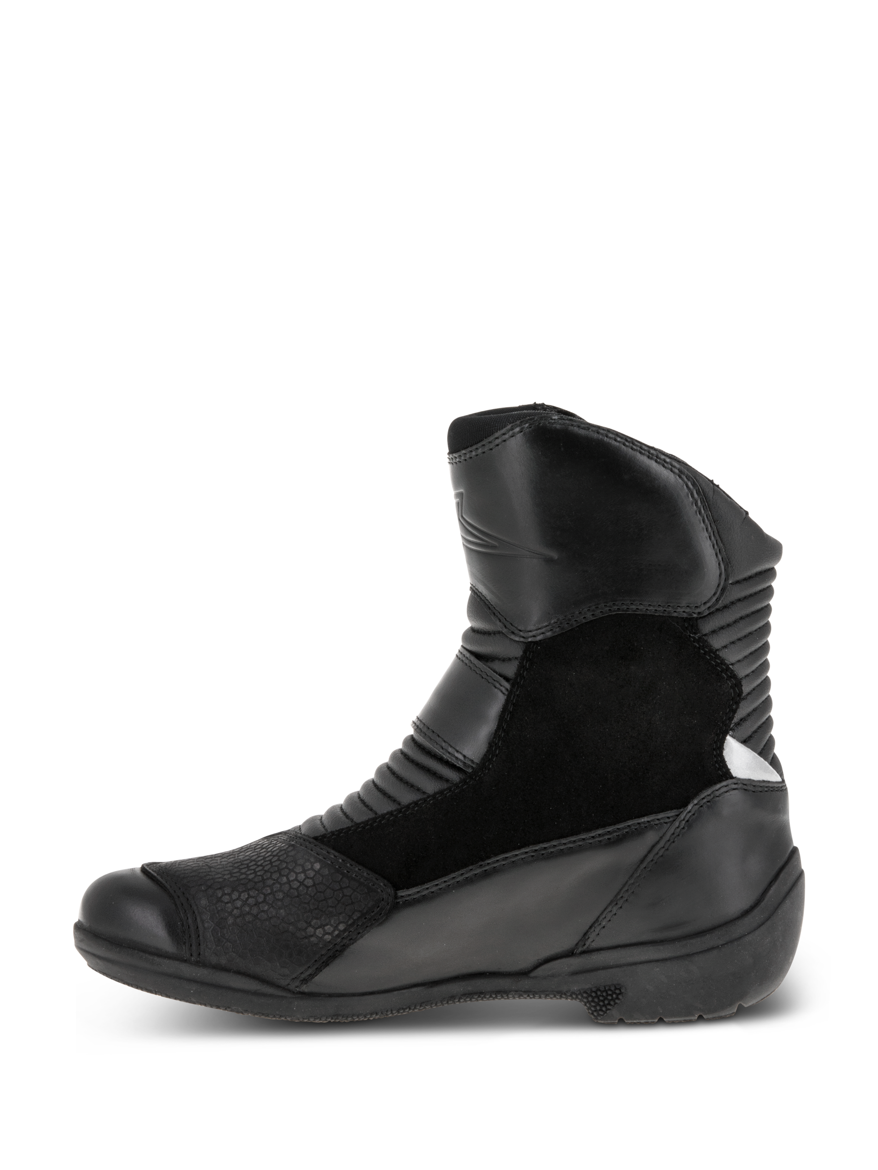 Alpinestars Women Stella Valencia Waterproof Boots, Black, side view, multi-panel design with leather and suede, front and rear accordion flex zones, low-cut motorcycle touring boot
