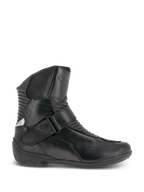 Alpinestars Stella Valencia Waterproof Boots, Women's Motorcycle Touring Boots, Black, side profile view, leather construction with front and rear accordion flex zones, instep buckle strap, and textured rubber sole.