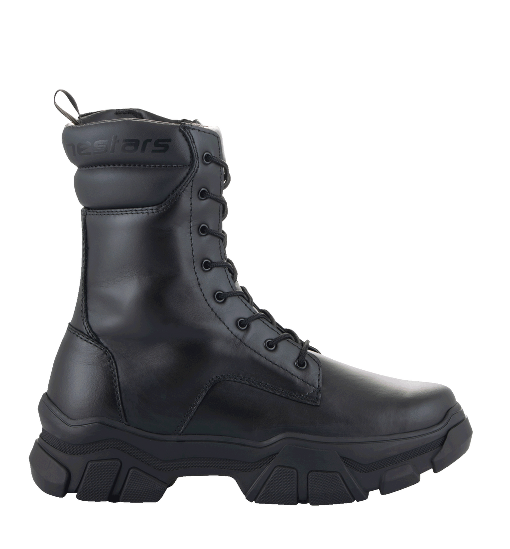 Alpinestars Ava Women's Boots, Urban Motorcycle Boots, Black, side profile view, chunky elevated rubber sole, full-grain leather construction, lace-up closure, utility-inspired design for on and off the bike.