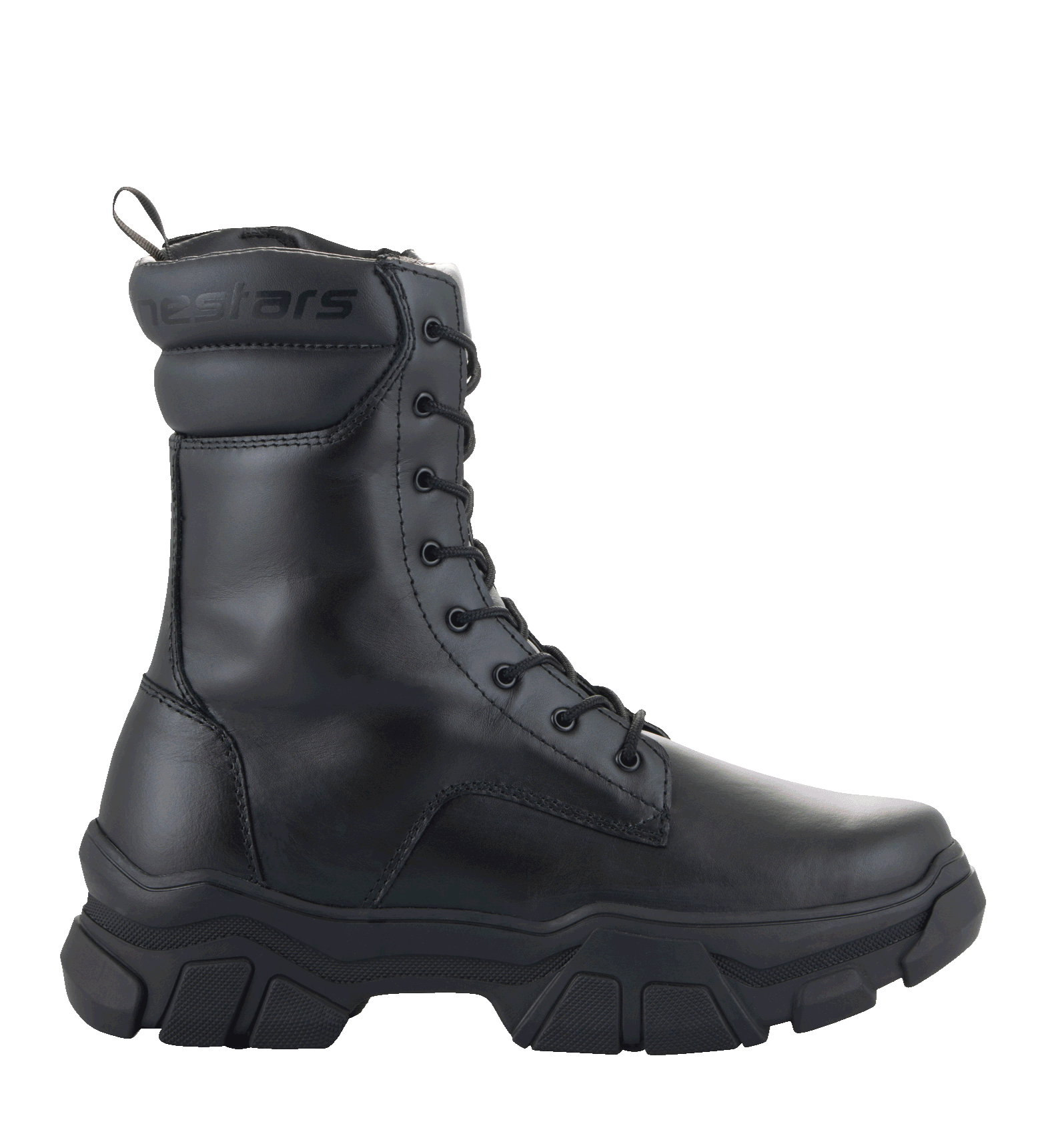 Alpinestars Ava Women's Boots, Urban Motorcycle Boots, Black, side profile view, chunky elevated rubber sole, full-grain leather construction, lace-up closure, utility-inspired design for on and off the bike.