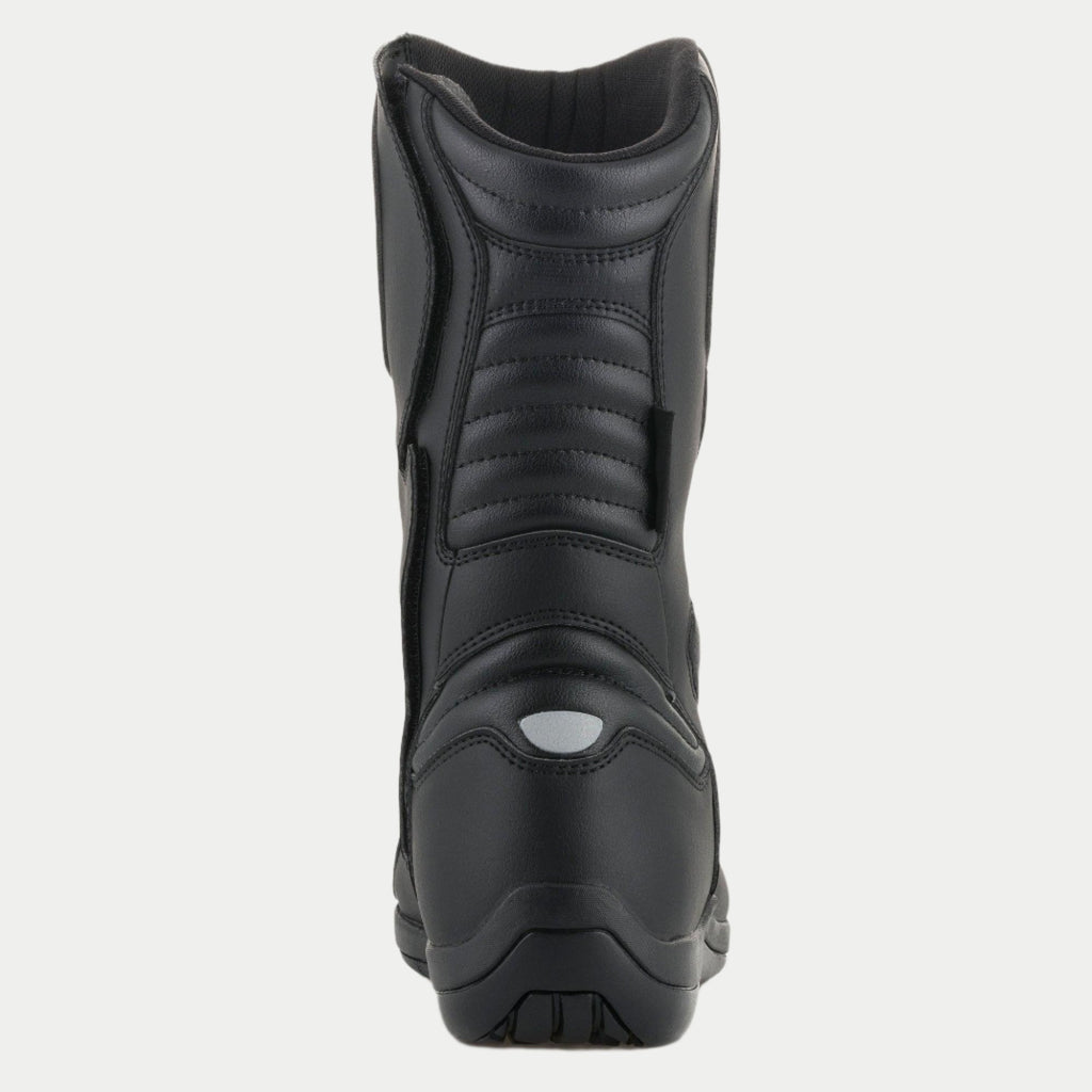 Alpinestars Origin Drystar® Boots, Motorcycle Touring Boots, Black, rear view featuring accordion flex zones on the Achilles and calf, reflective heel detail, and durable microfiber construction