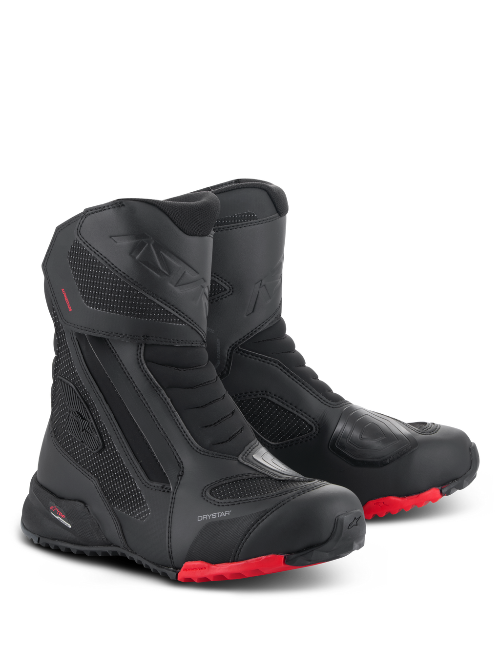 Alpinestars RT-7 Drystar-stövlar, motorcykelstövlar för touring, svarta och röda, med vattentätt Drystar-membran, hållbar konstruktion i textil och mikrofiber, röda grovmönstrade sulor och skyddande förstärkta områden för äventyr i all terräng