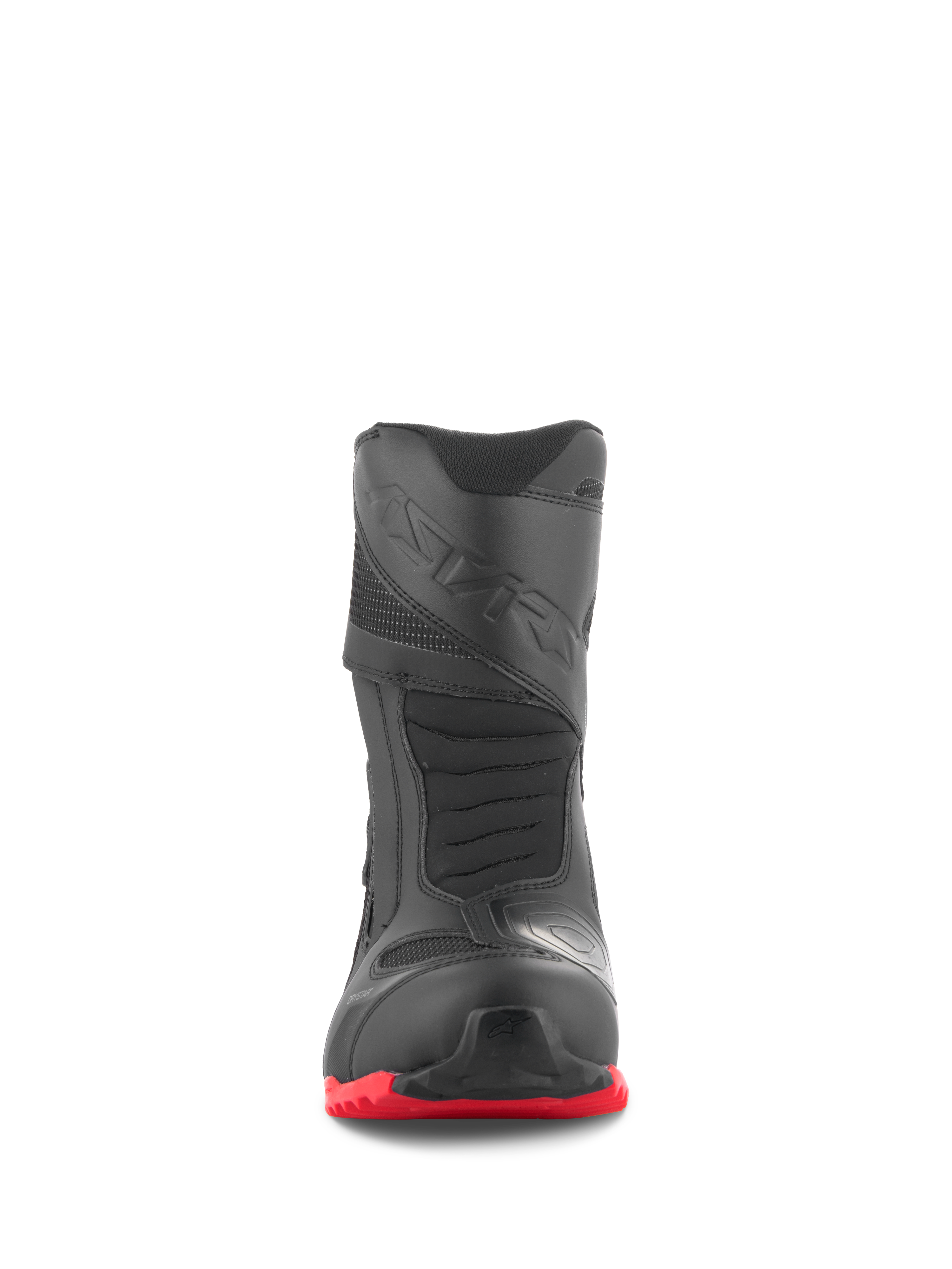 Alpinestars RT-7 Drystar®-stövlar, touringstövlar för motorcykel, svarta och röda, sedda framifrån, med förstärkt tåbox, 3D-printad växelplatta och en klarröd grovmönstrad sula, vattentät design för äventyrskörning