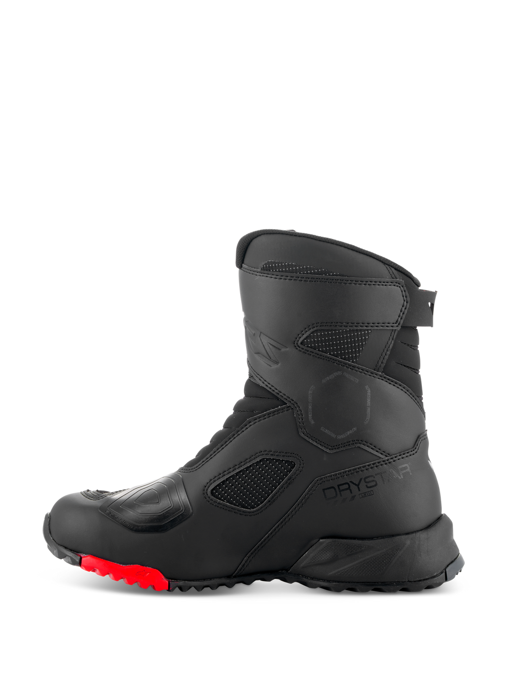 Alpinestars RT-7 Drystar®-stövlar, touringstövlar för motorcykel, svart och röd, profilvy från sidan med Drystar-logotyp, förstärkt växelplatta och slitstark grovmönstrad sula med röda accenter för äventyrskörning.