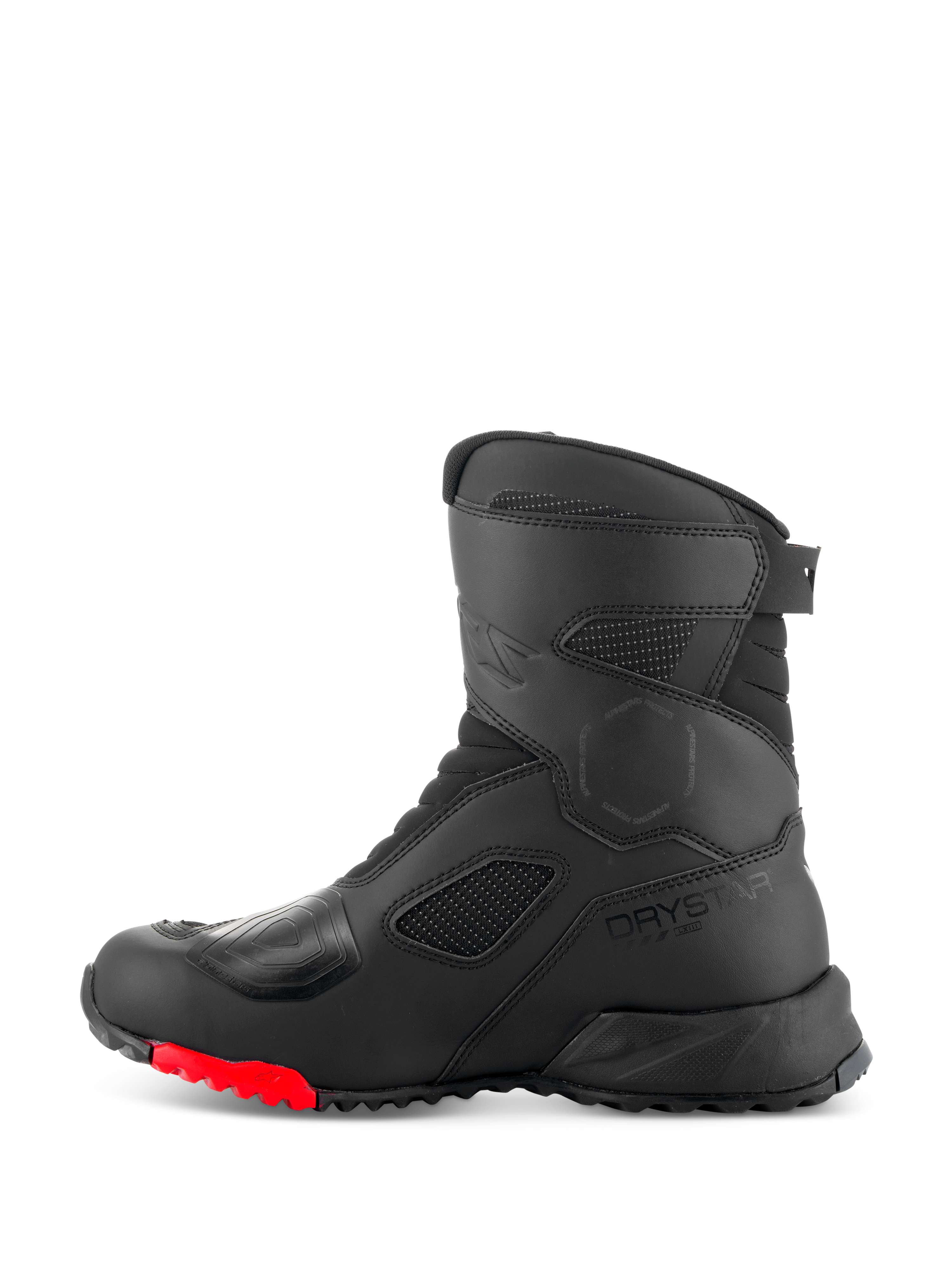 Alpinestars RT-7 Drystar®-stövlar, touringstövlar för motorcykel, svart och röd, profilvy från sidan med Drystar-logotyp, förstärkt växelplatta och slitstark grovmönstrad sula med röda accenter för äventyrskörning.