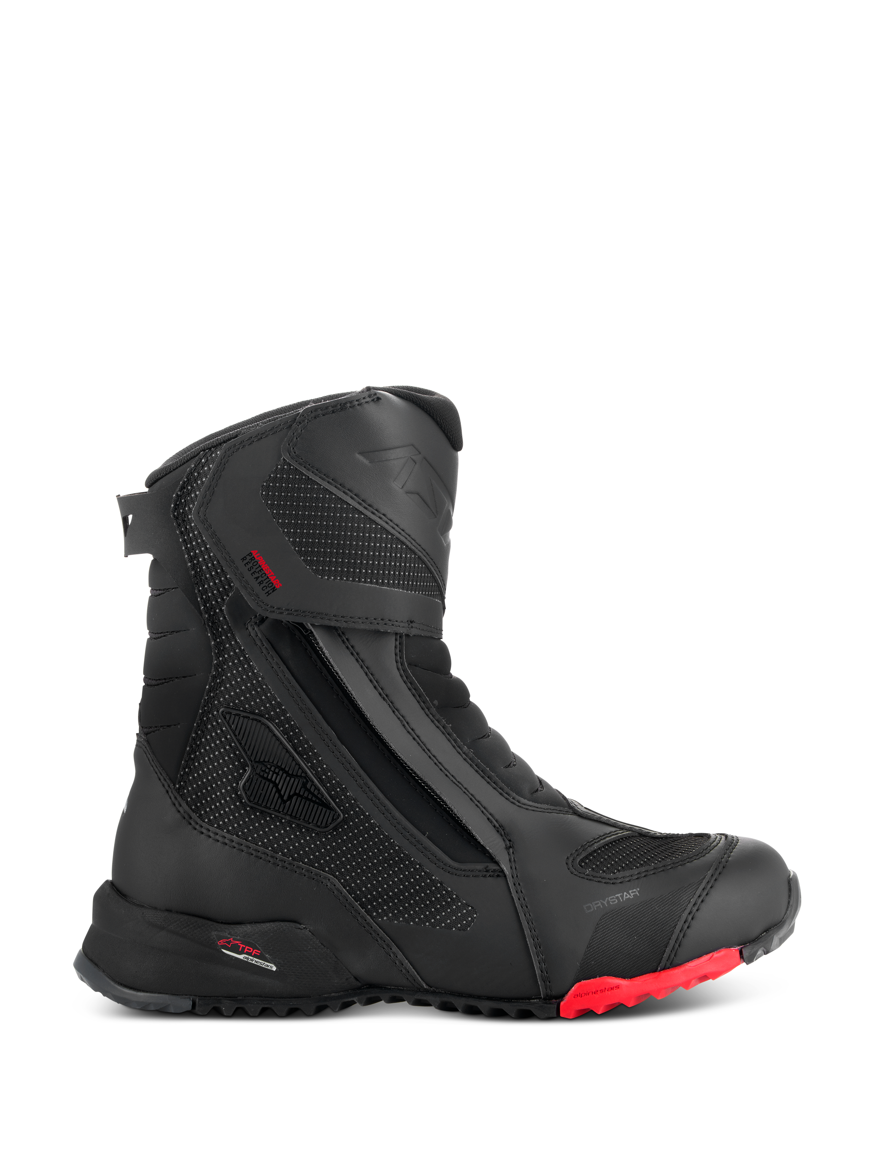 Alpinestars RT-7 Drystar stövlar, motorcykelstövlar för touring, svarta med röd detalj på sulan, vattentäta med andningsförmåga, sidoprofil med dragkedja och kardborrestängning, texturerade textilpaneler med reflekterande prickar, robust mönstrad sula, avancerad syntetisk konstruktion