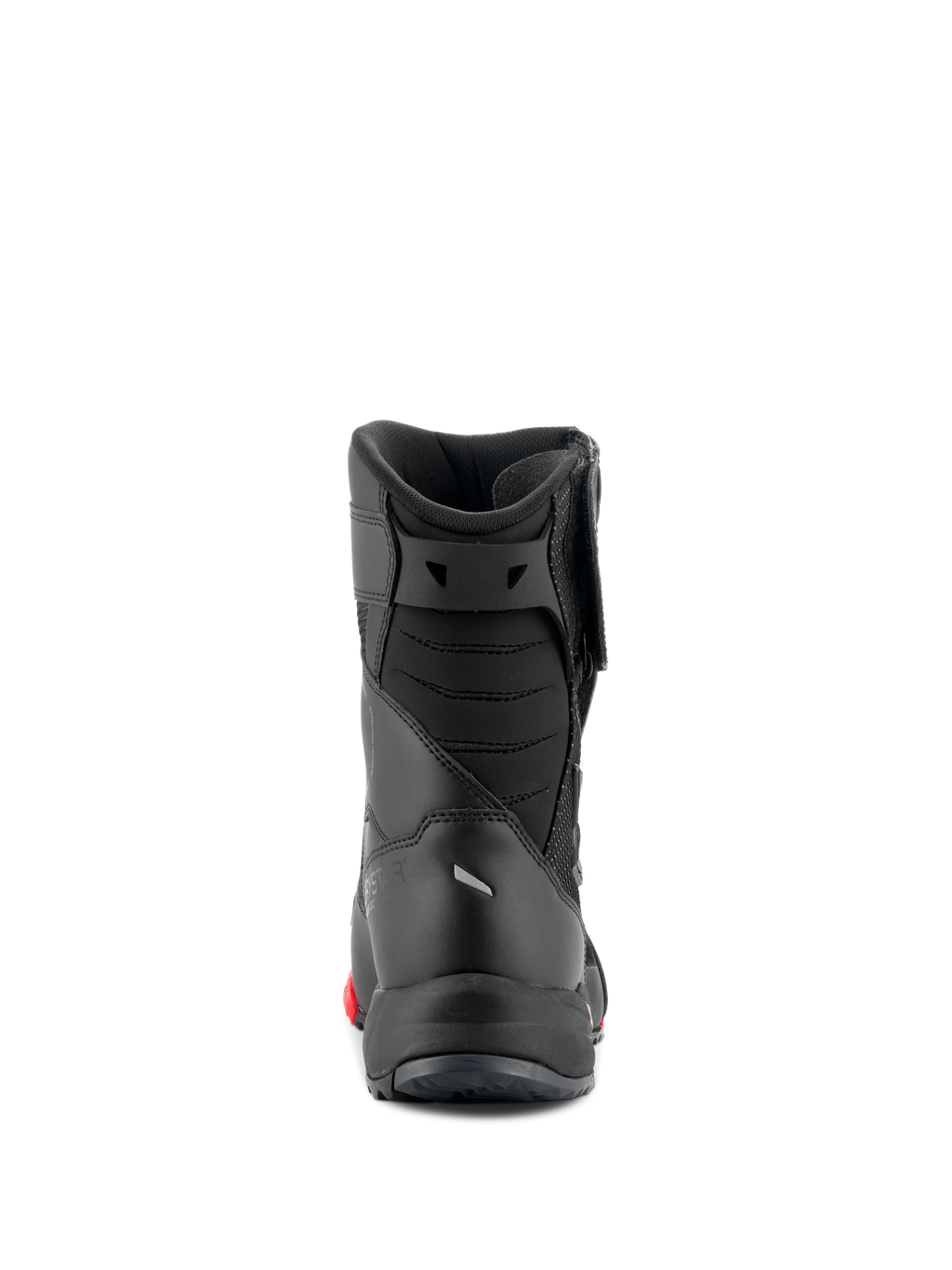 Alpinestars RT-7 Drystar®-stövlar, touringstövlar för motorcykel, svarta och röda, baksida som visar vadderad akillesbälg och smidig konstruktion, vattentäta skyddsskor för väg och äventyr