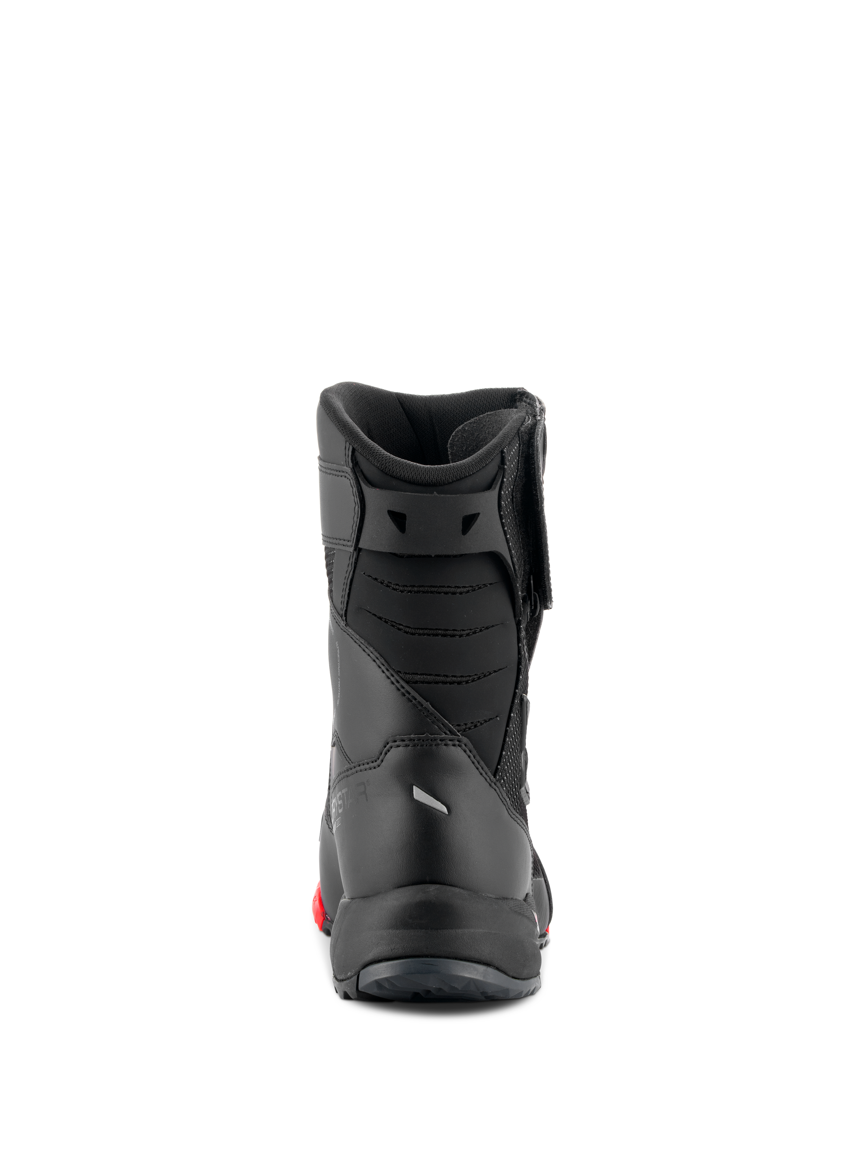 Alpinestars RT-7 Drystar®-stövlar, touringstövlar för motorcykel, svarta och röda, baksida som visar vadderad akillesbälg och smidig konstruktion, vattentäta skyddsskor för väg och äventyr