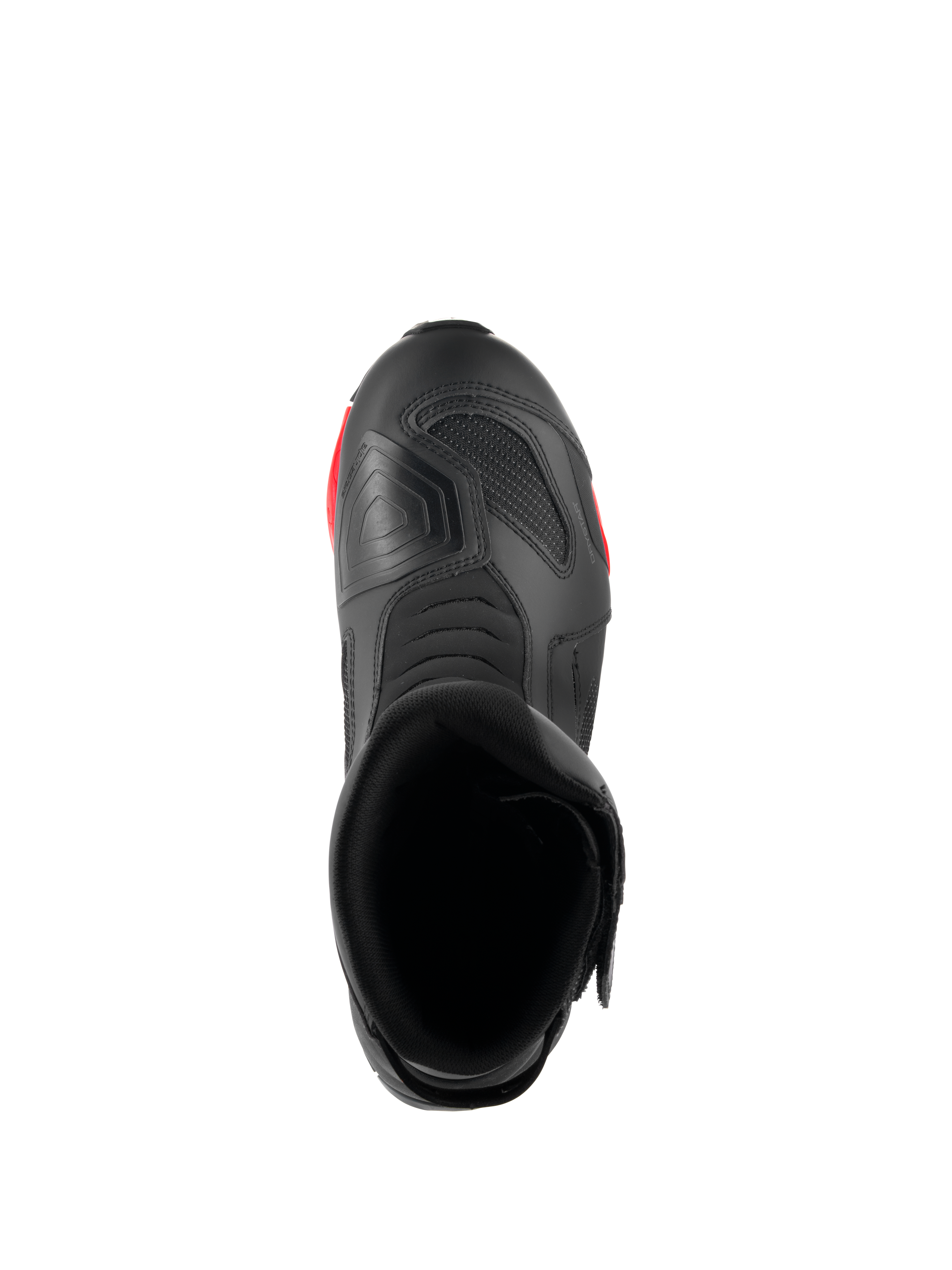 Alpinestars RT-7 Drystar®-stövlar, motorcykelstövlar för touring, svarta och röda, vy uppifrån som visar stövelns öppning, insida och texturerad växelplatta på tån