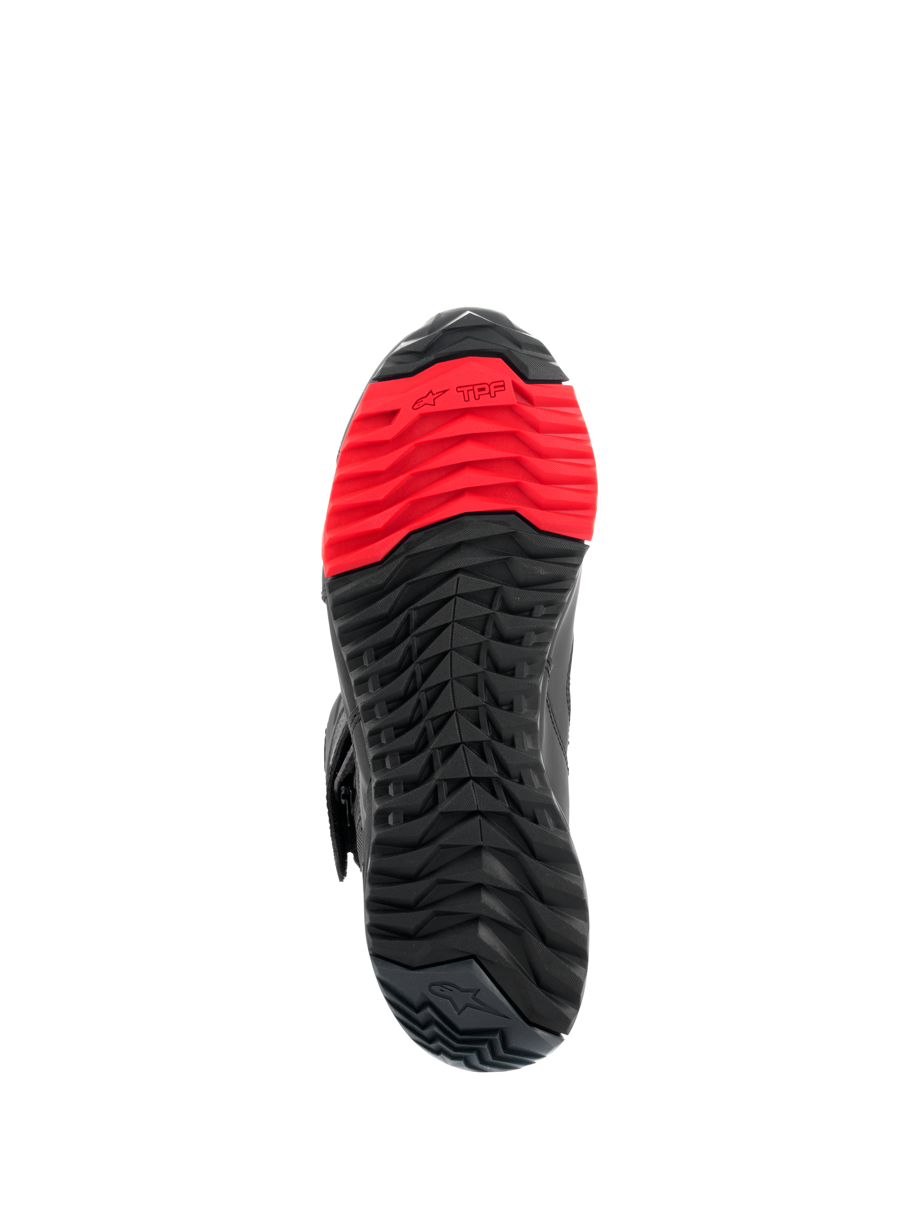 Alpinestars RT-7 Drystar®-stövlar, vy av sula, robust svart och rött grovmönstrat sulmönster, med TPF (Transversal Protection Frame)-logotypen på framfoten, designade för komfort vid både körning och gång