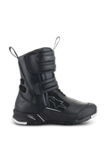 Alpinestars Women's Stella RT-7 Touring Drystar Boots, Black Motorcycle Touring Boots, side view showing triple velcro straps, waterproof microfiber and textile upper, reinforced heel with star logo, and durable lugged sole with white accents