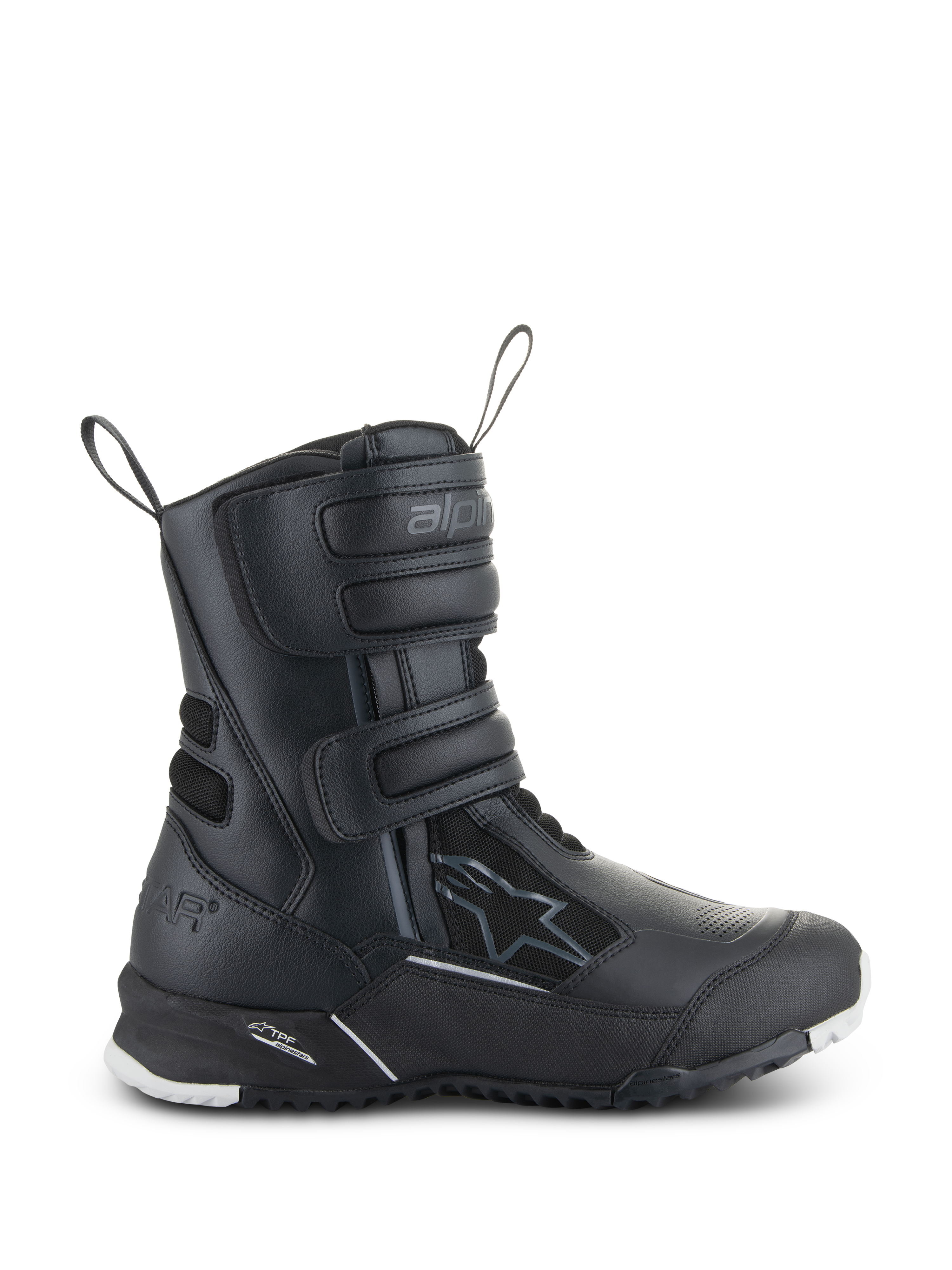 Alpinestars Women's Stella RT-7 Touring Drystar Boots, Black Motorcycle Touring Boots, side view showing triple velcro straps, waterproof microfiber and textile upper, reinforced heel with star logo, and durable lugged sole with white accents