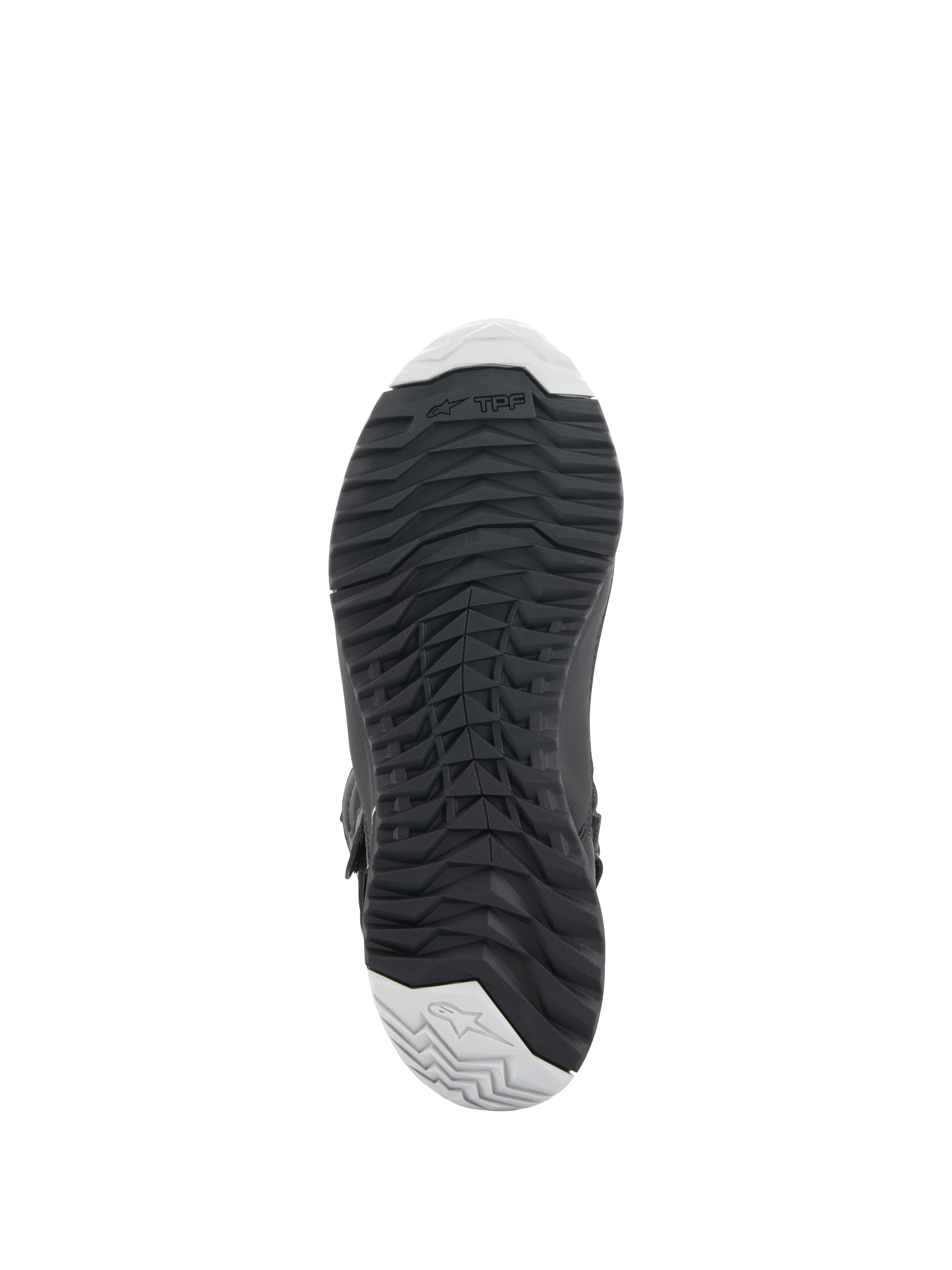 Alpinestars Women Stella RT-7 Touring Drystar® Boots, Black, bottom view showing the durable rubber outsole with a rugged lug pattern for grip, TPF (Transversal Protection Frame) branding, and light grey accents at the toe and heel.