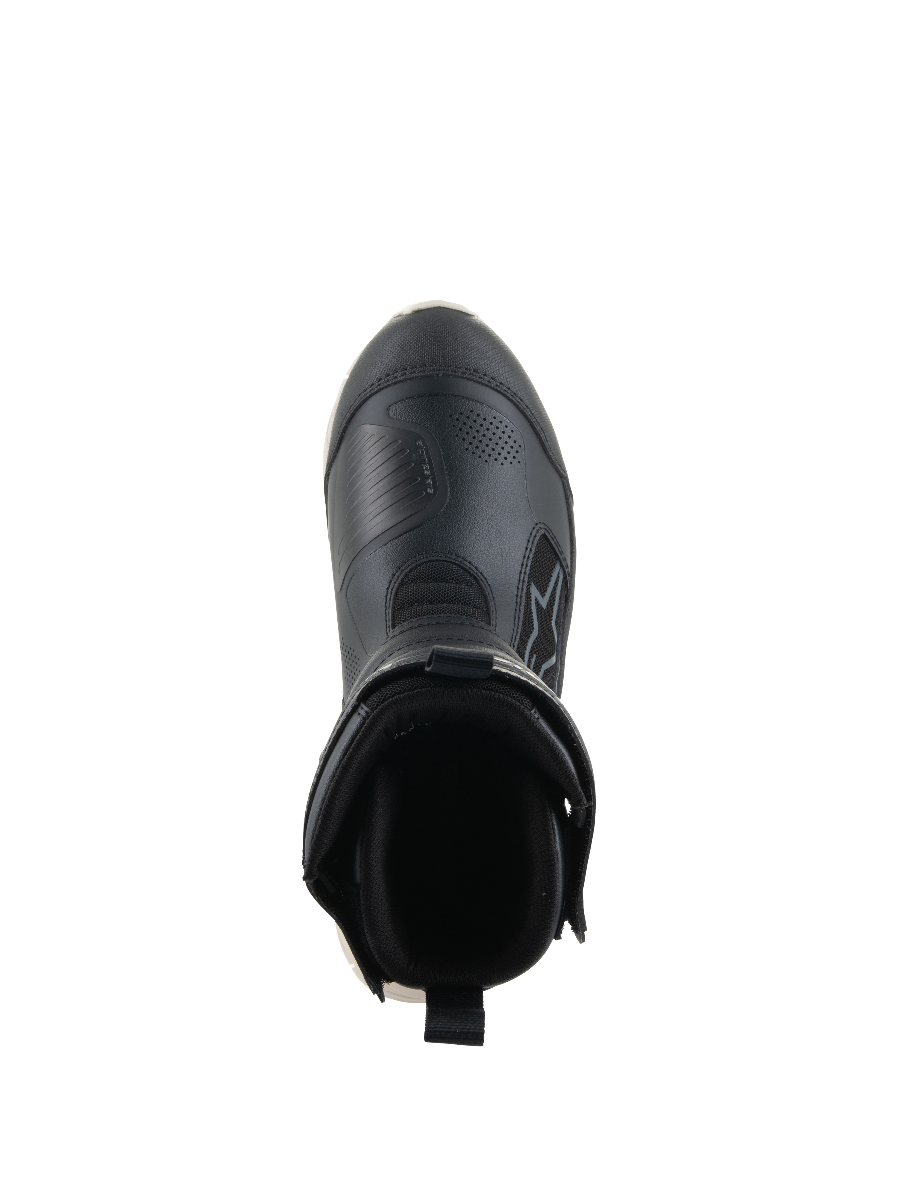 Alpinestars Stella RT-7 Touring Drystar® Boots, Women's Motorcycle Touring Boots, Black and White, top-down view looking into the boot opening, featuring a padded collar, rear pull tab, and durable microfiber upper with Alpinestars branding.