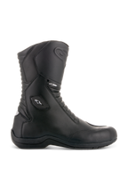 Alpinestars Andes V2 Drystar Boots, Black Motorcycle Touring Boots, High Shaft Design, Waterproof Leather Construction, Front and Rear Accordion Flex Panels, White Star Logo and Drystar Branding, Sturdy Black Sole, Protective Reinforced Ankle and Toe