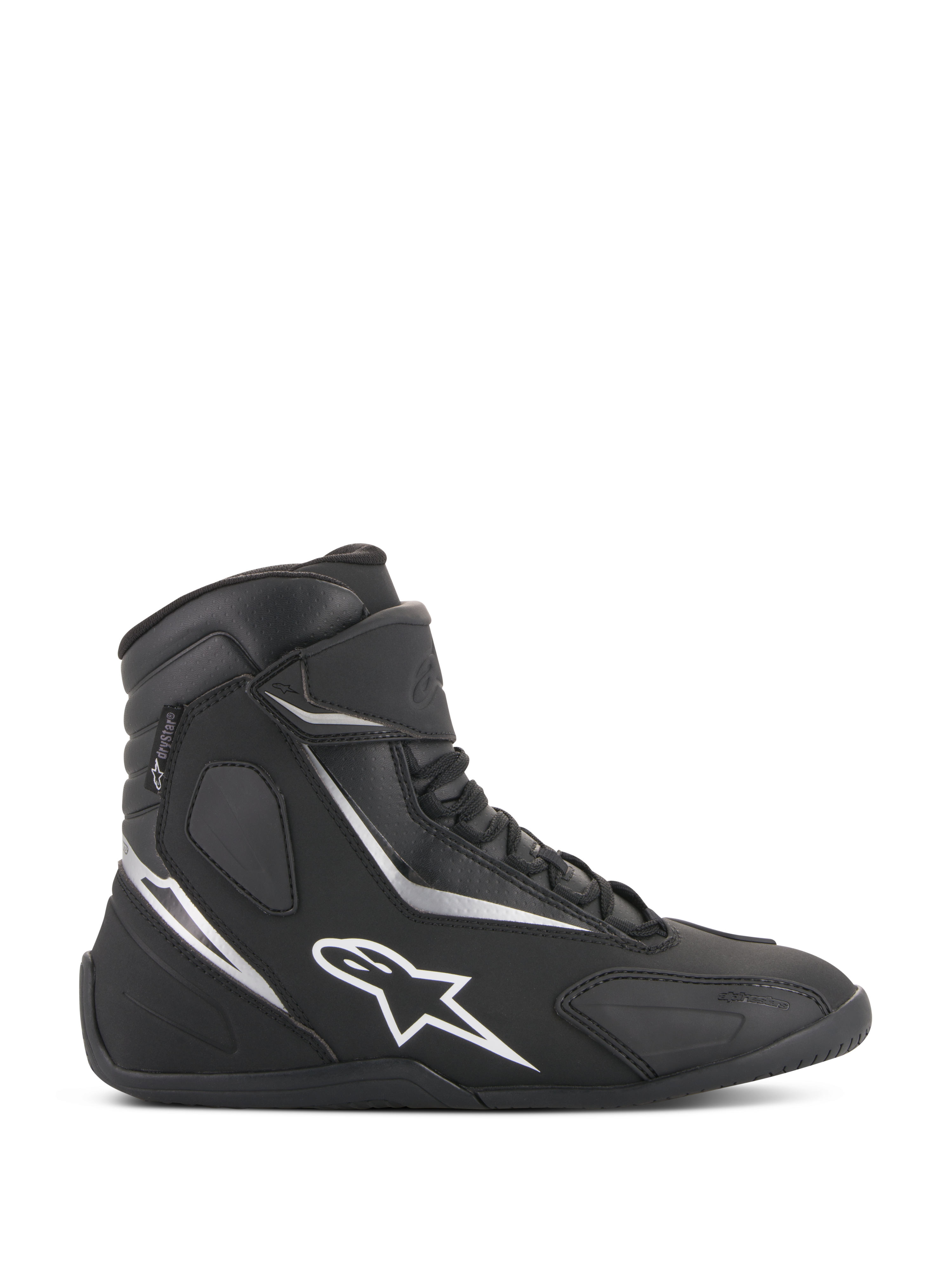 Alpinestars Fastback 2 Drystar vattentäta skor, svarta och vita höga motorcykelsneakers, sidoprofil med vit stjärnlogotyp och silverdetaljer, snörning med kardborreband, vattentäta skor för urban körning