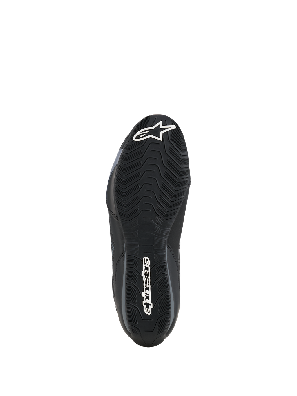 Alpinestars Celer skor, vy av sulans undersida, svart oljebeständig gummiblandning med texturerat vågigt greppmönster, vit Alpinestars-logotyp på tå och häl, utformad för grepp på motorcykelns fotpinnar